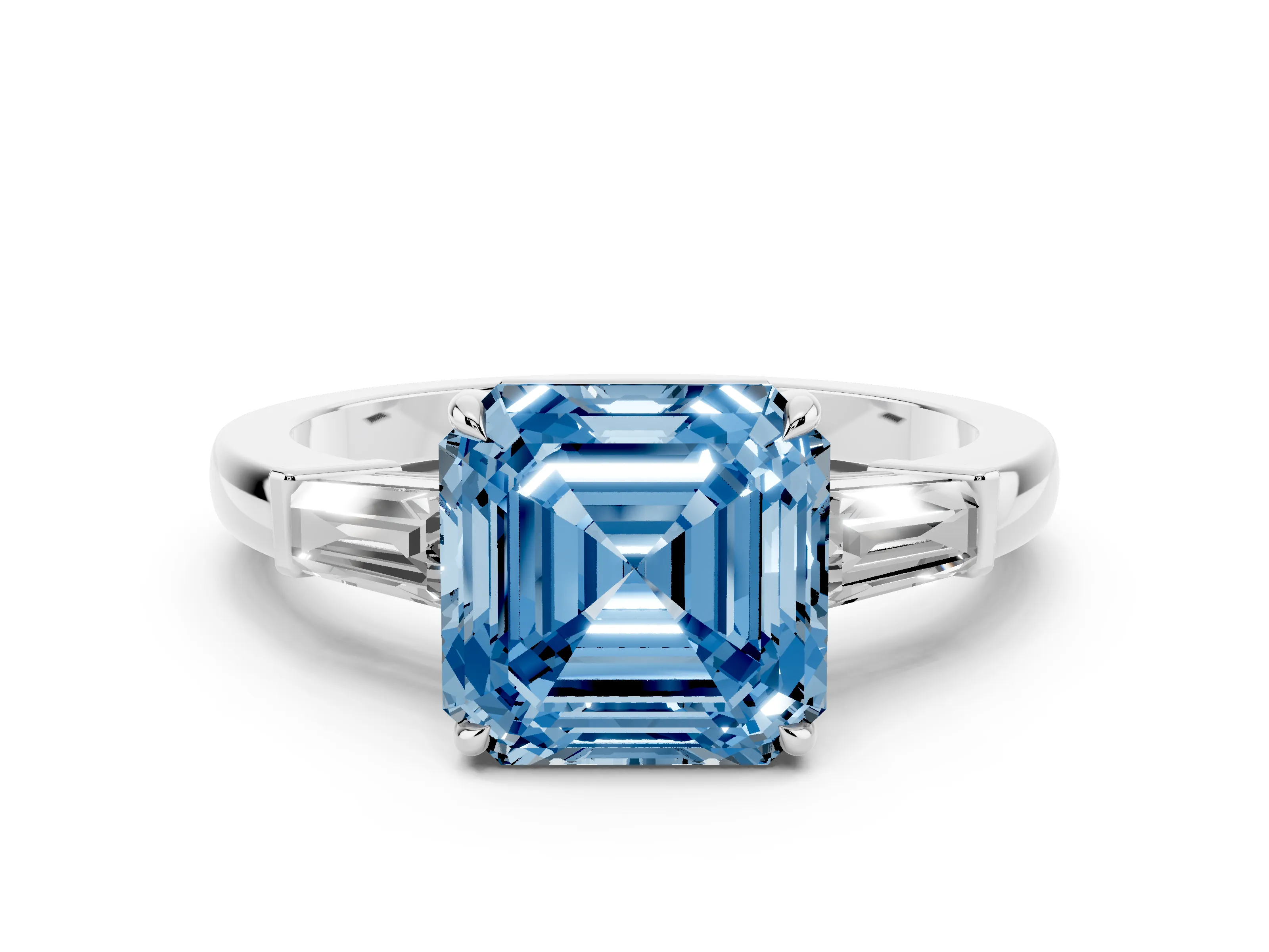 Fancy Blue Asscher Cut Diamond Three-Stone Ring Set in White gold with Tapered Baguette Side Stones and Prong Setting