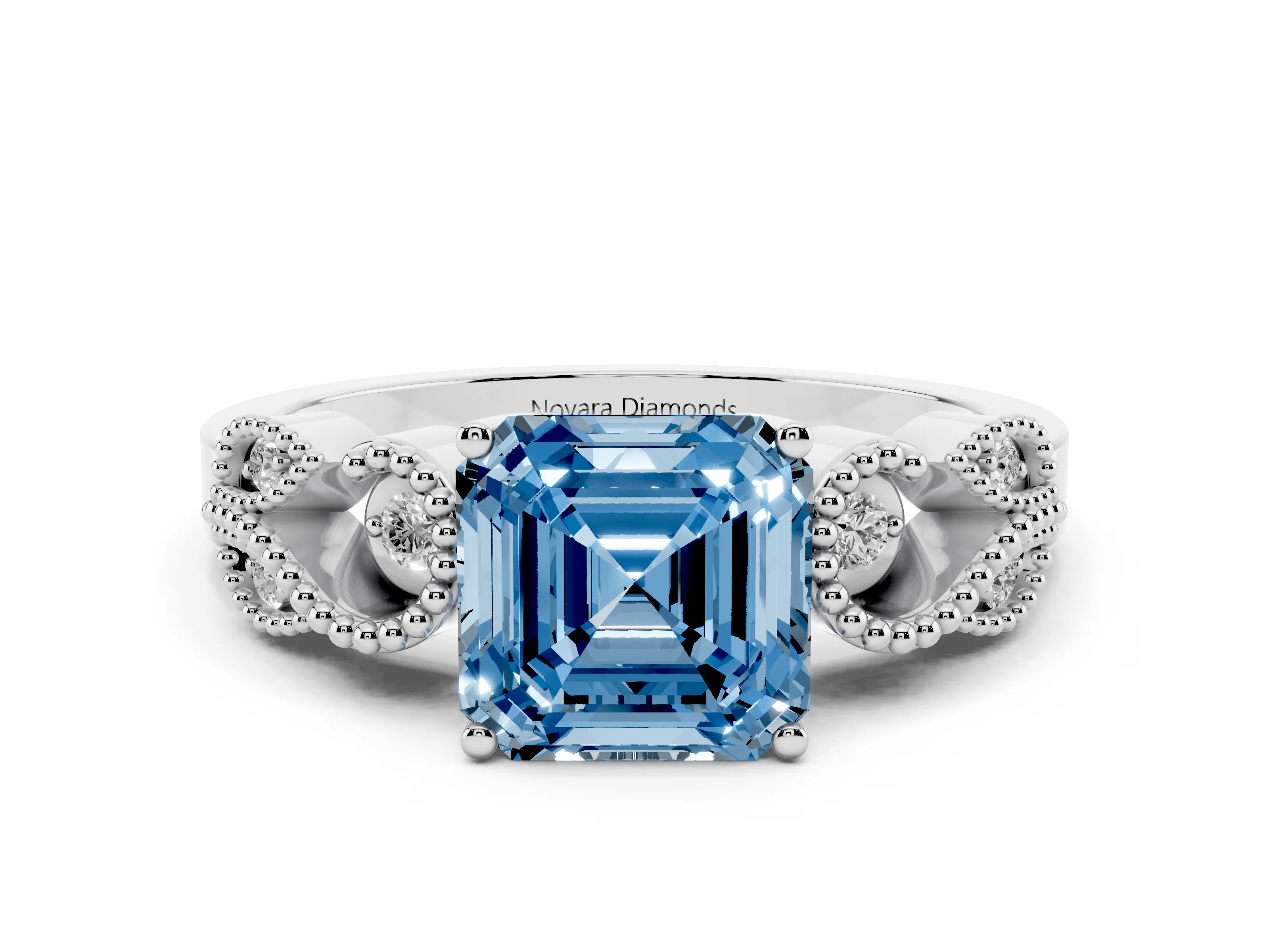 Fancy Blue Asscher Cut Diamond Milgrain Leaf Band Solitaire Ring Set in White gold with Accent Stones and Prong Setting