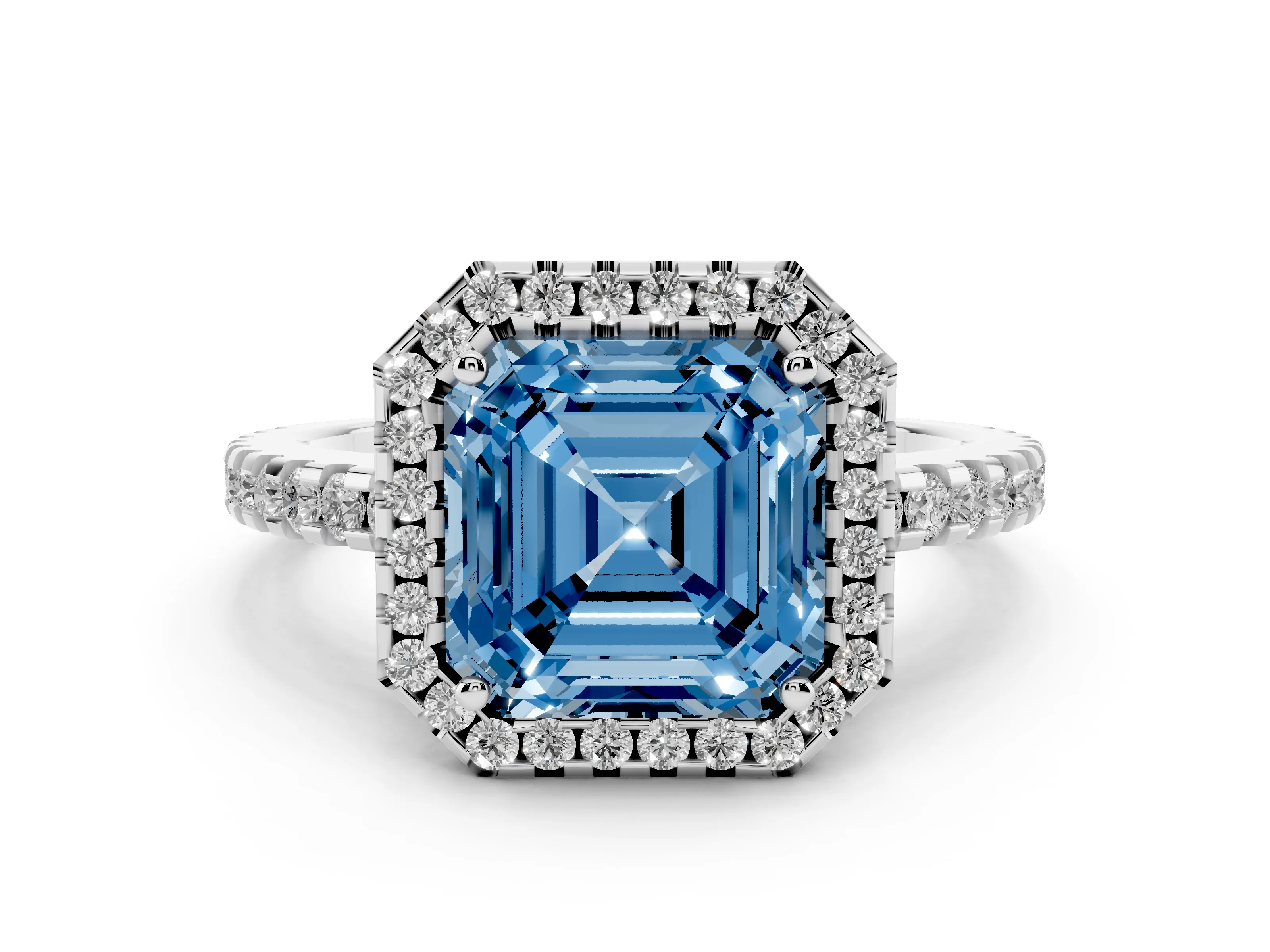 Fancy Blue Asscher Cut Diamond Halo Ring Set in Platinum with Pavé Shoulders and Halo-Framed Center