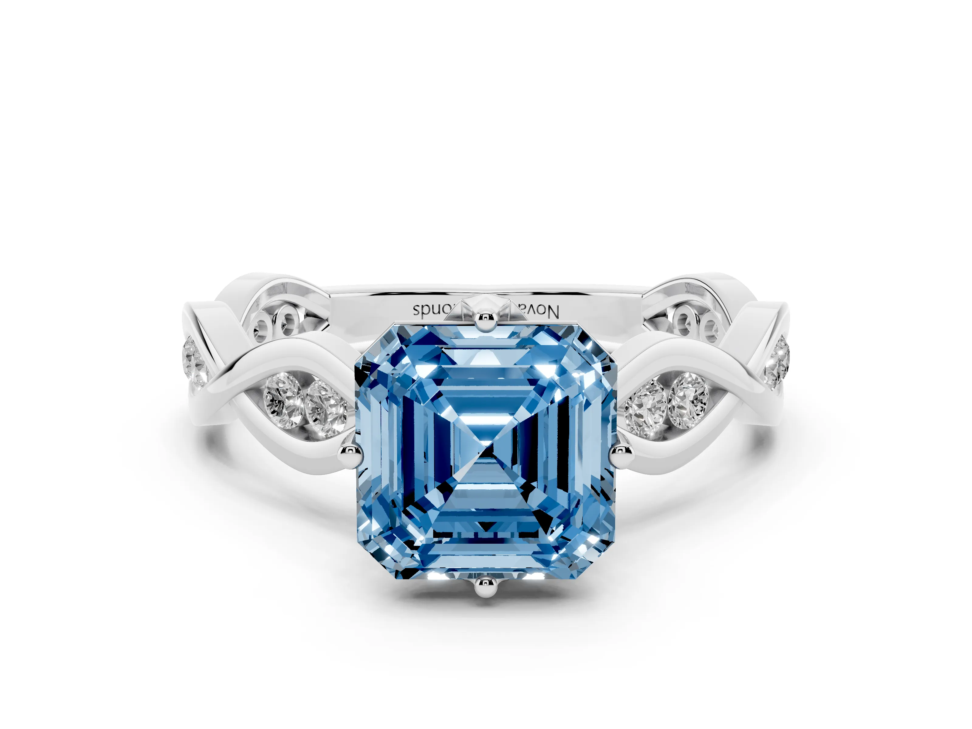 Fancy Blue Asscher Cut Diamond Twist Band Solitaire Ring Set in Silver with Leaf Prong Setting and Accent Stones