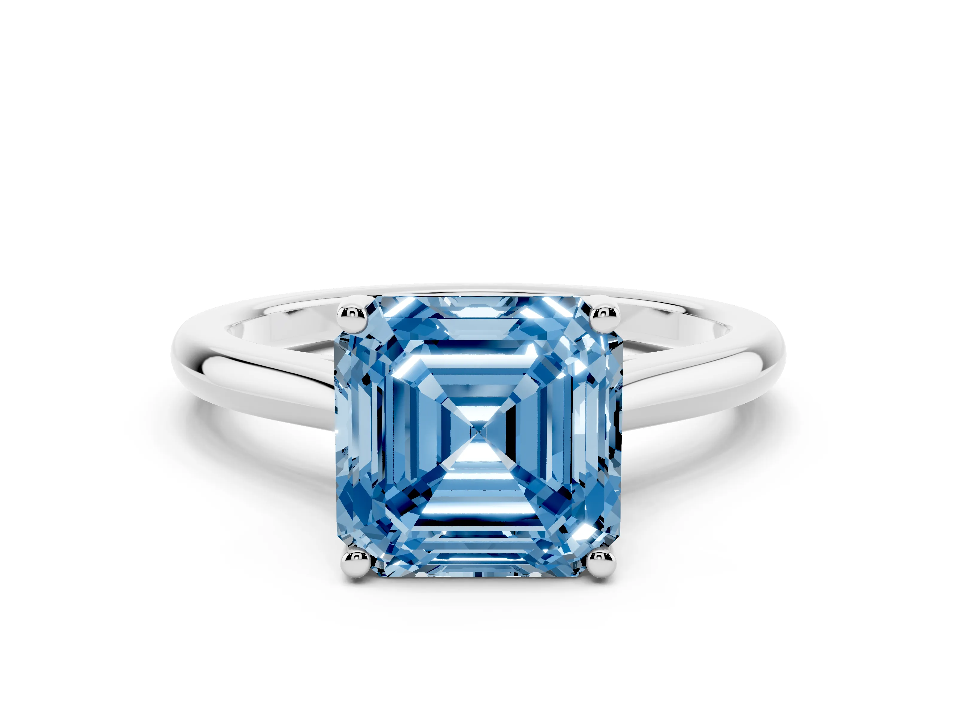 Fancy Blue Asscher Cut Diamond Solitaire Ring Set in Silver with Cathedral Band and Prong Setting