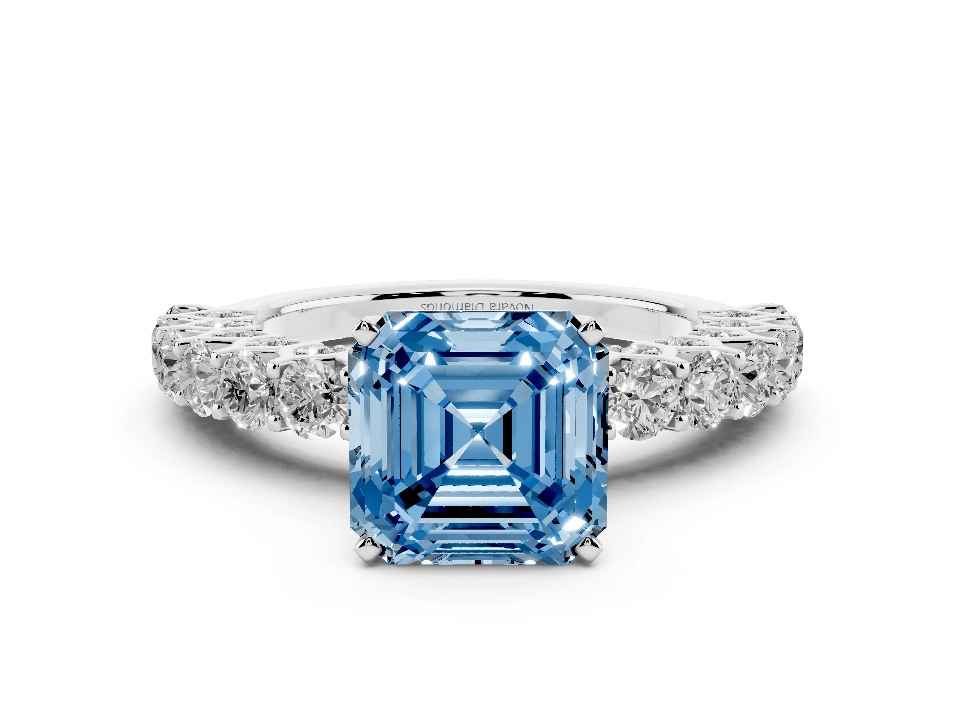 Fancy Blue Asscher Cut Diamond Solitaire Ring Set in Silver with Shared Prong Pavé Band