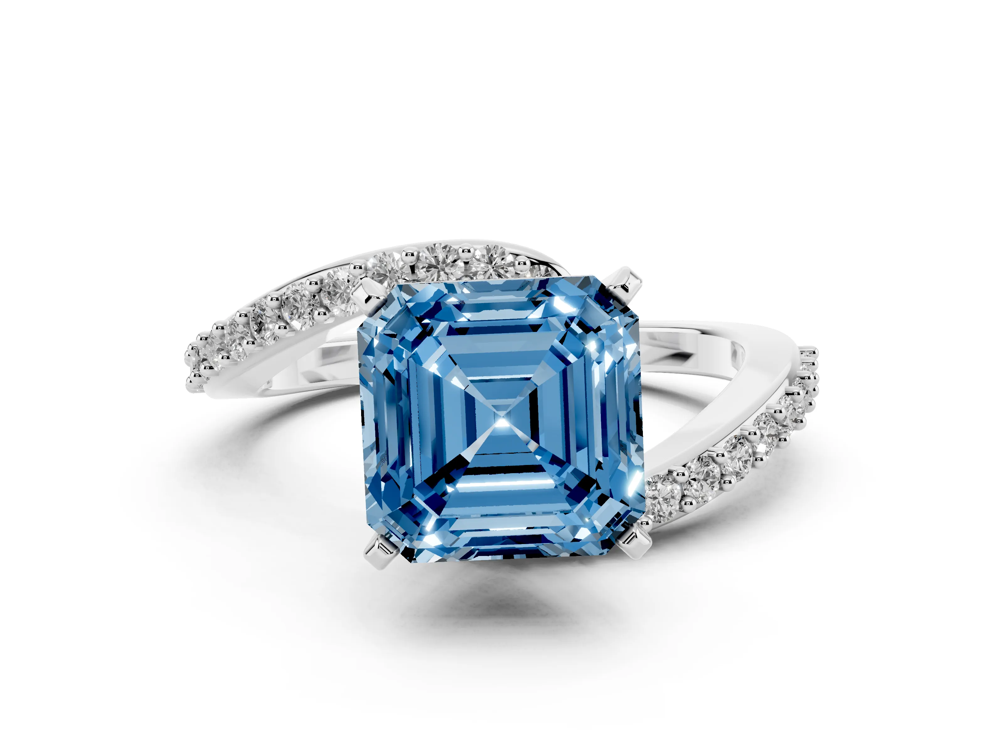 Fancy Blue Asscher Cut Diamond Solitaire Ring Set in Platinum with Pavé Twist Band and Prong Setting