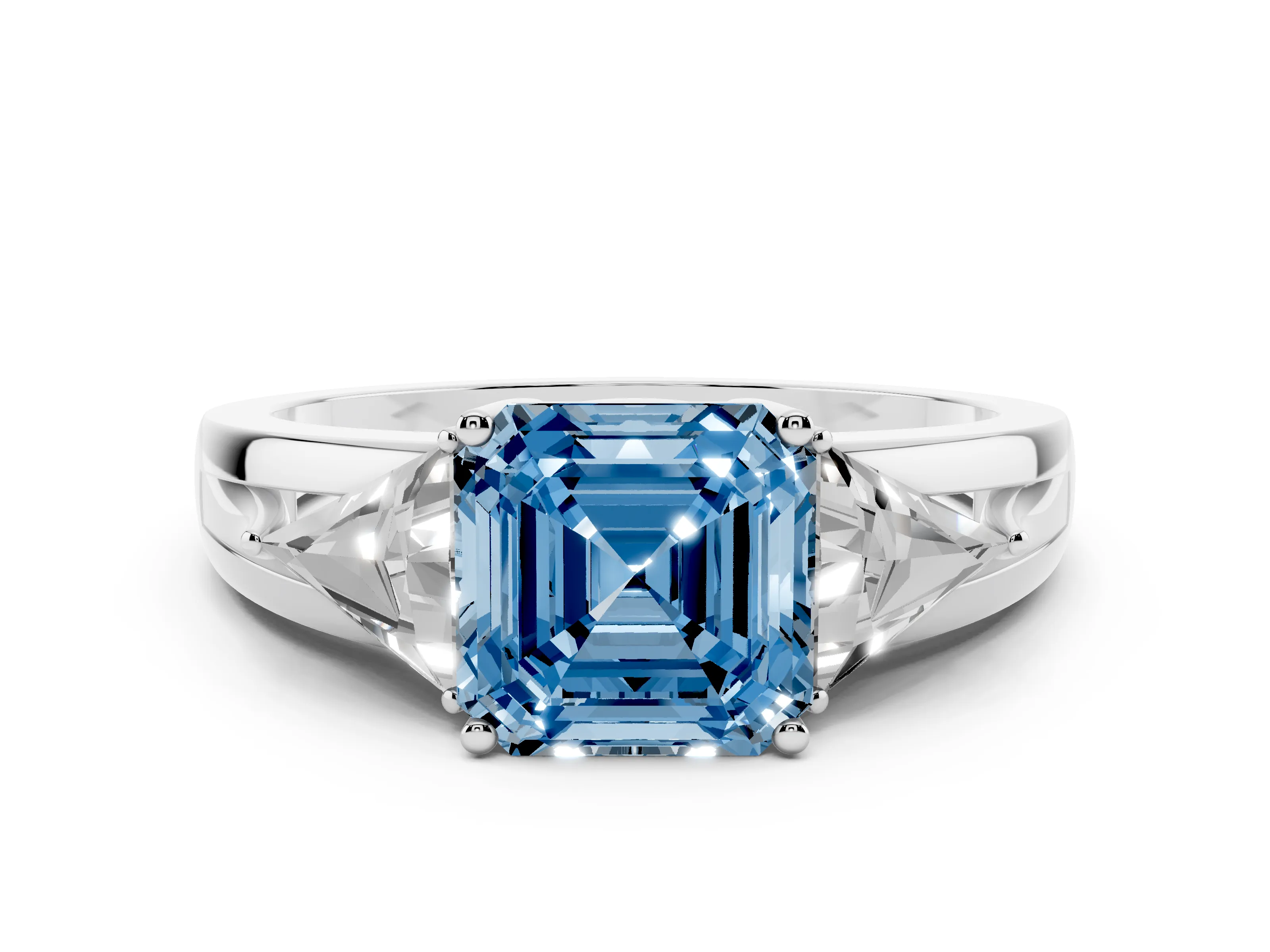 Fancy Blue Asscher Cut Diamond Three-Stone Ring Set in Platinum with Trillion Side Stones and Split Shank