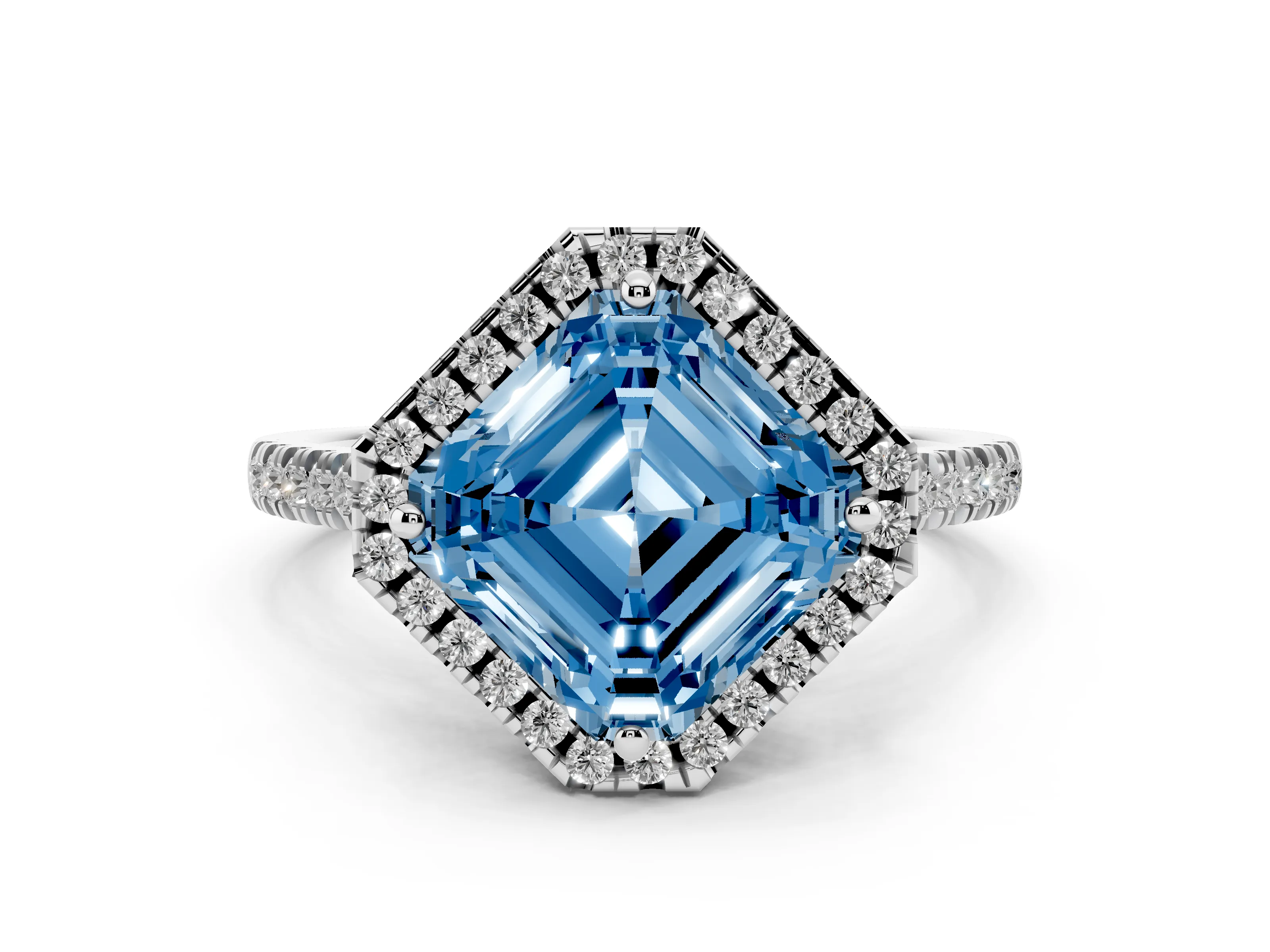 Fancy Blue Asscher Cut Diamond Cushion Halo Ring Set in White gold with Pavé Band