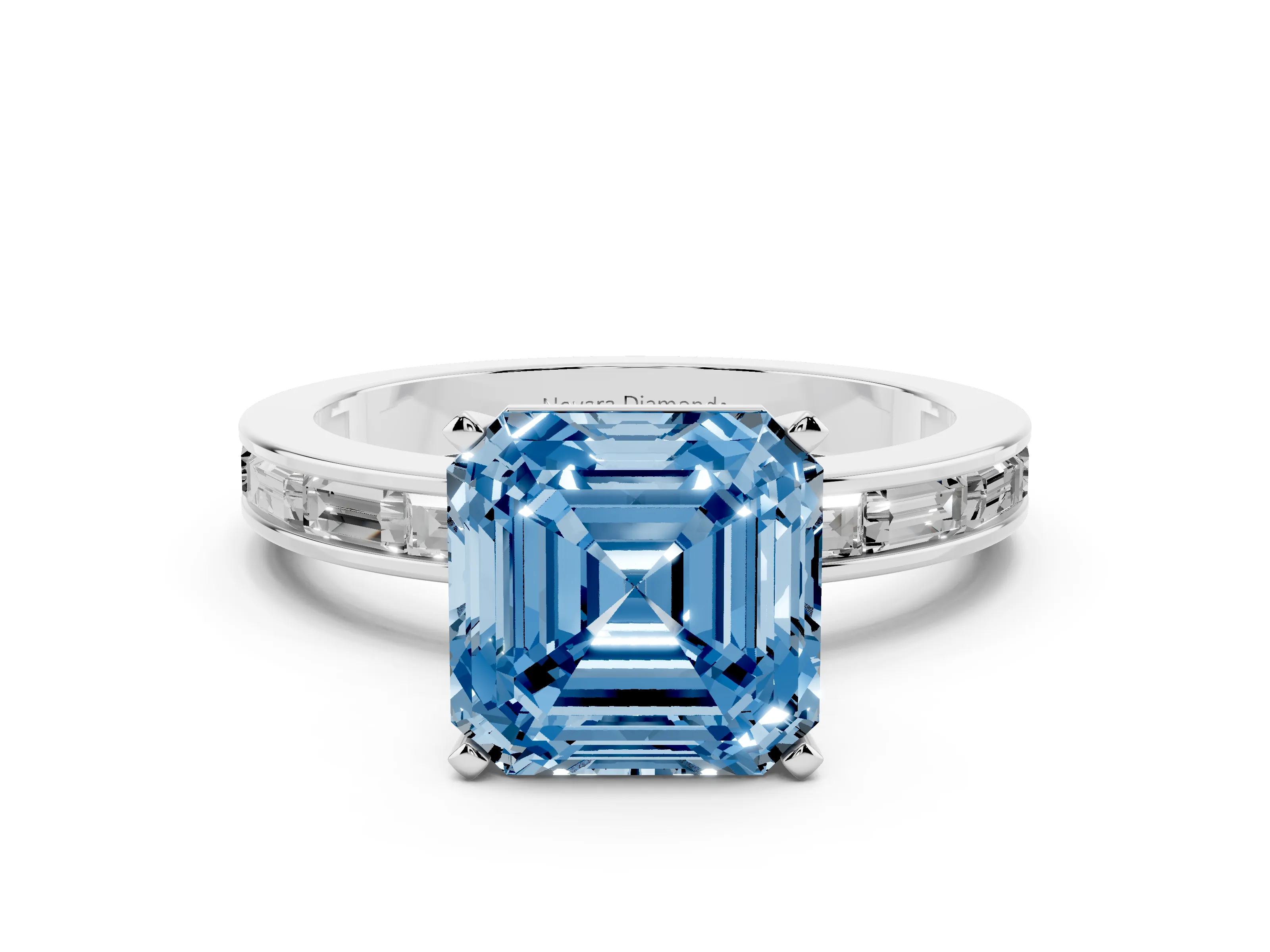 Fancy Blue Asscher Cut Diamond Solitaire Ring Set in White gold with Channel-Set Baguette Band and Prong Setting