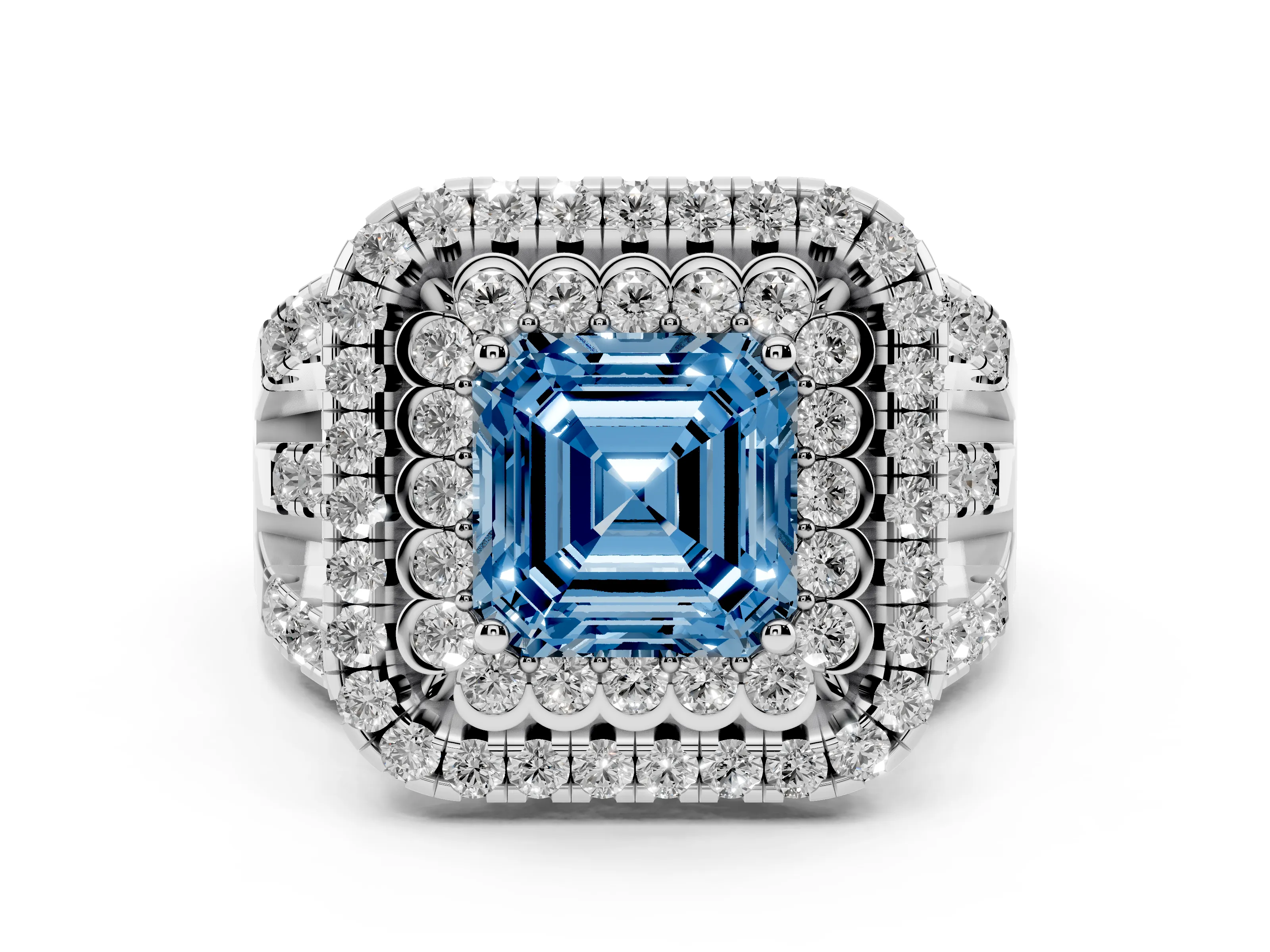 Fancy Blue Asscher Cut Diamond Double Halo Ring Set in White gold with Round Pavé Split Shank