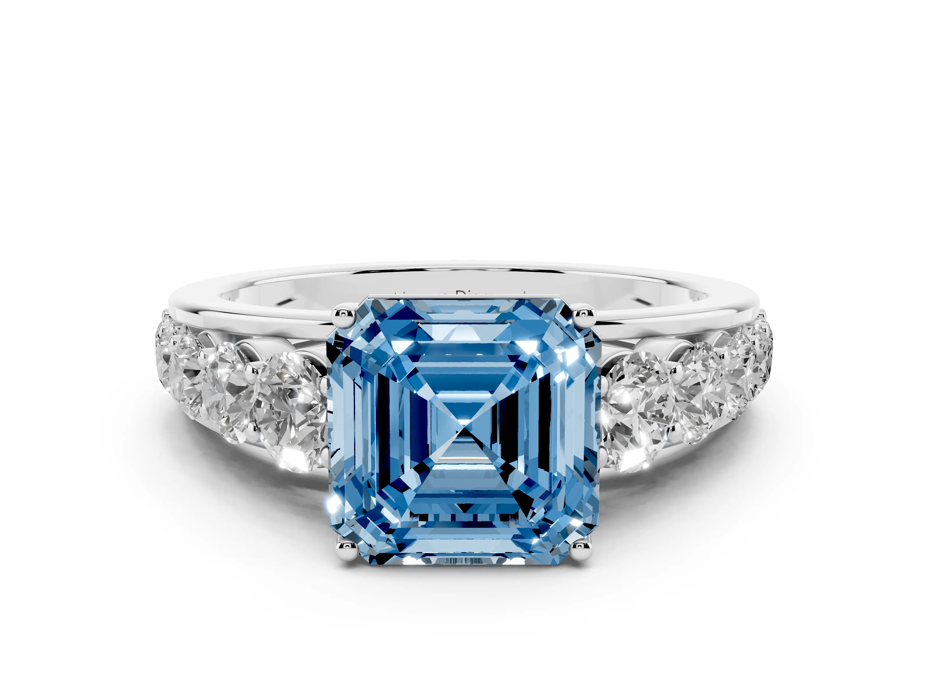Fancy Blue Asscher Cut Diamond Solitaire Ring Set in White gold with Pavé-Set Band and Prong Setting