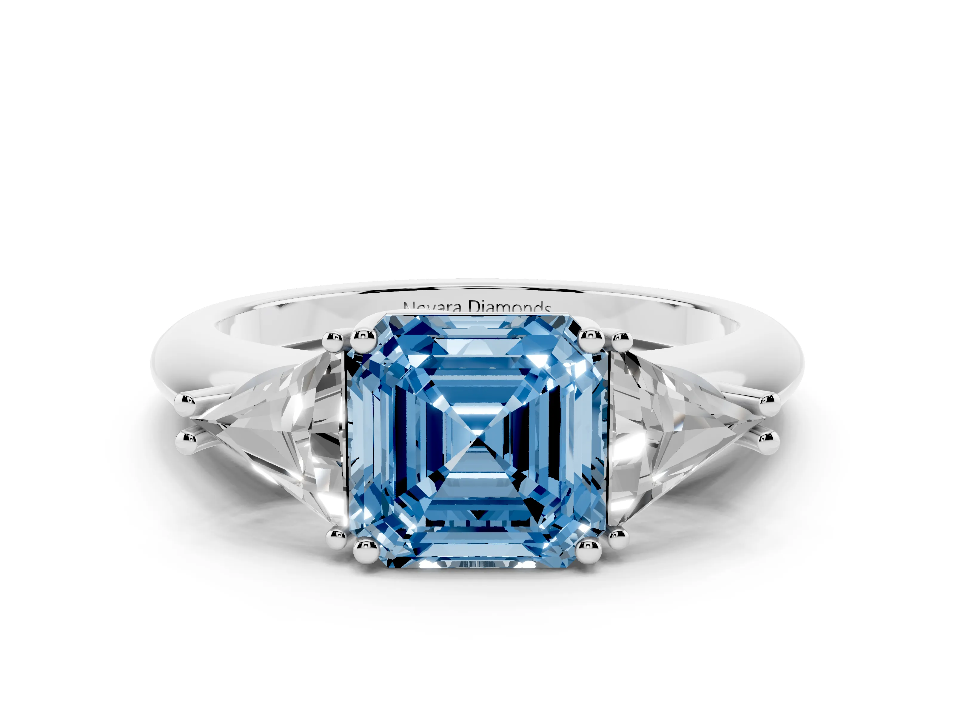 Fancy Blue Asscher Cut Diamond Three-Stone Engagement Ring Set in Silver with Trillion Side Stones