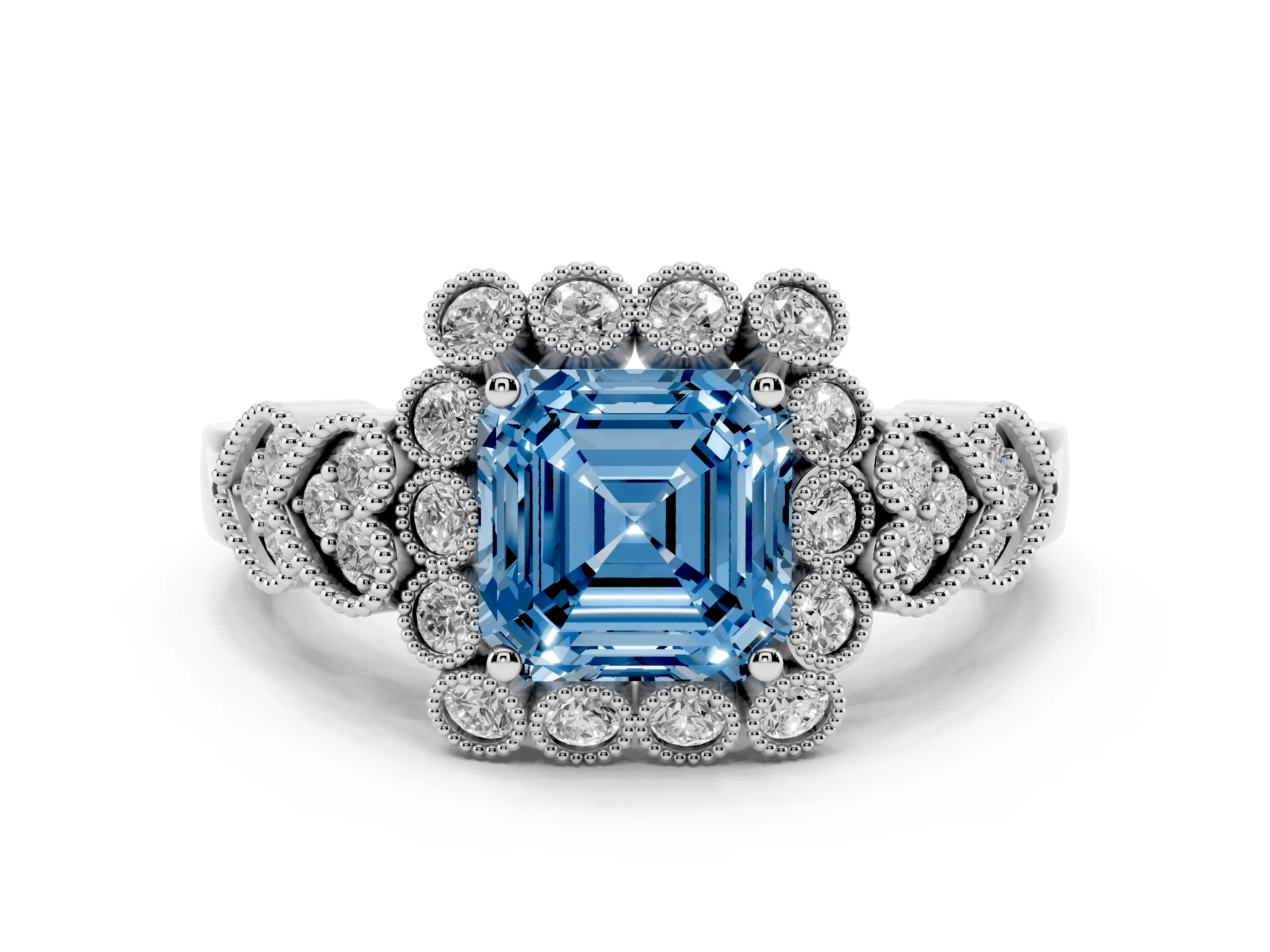 Fancy Blue Asscher Cut Diamond Solitaire Ring Set in White gold with Milgrain Pavé Heart Band