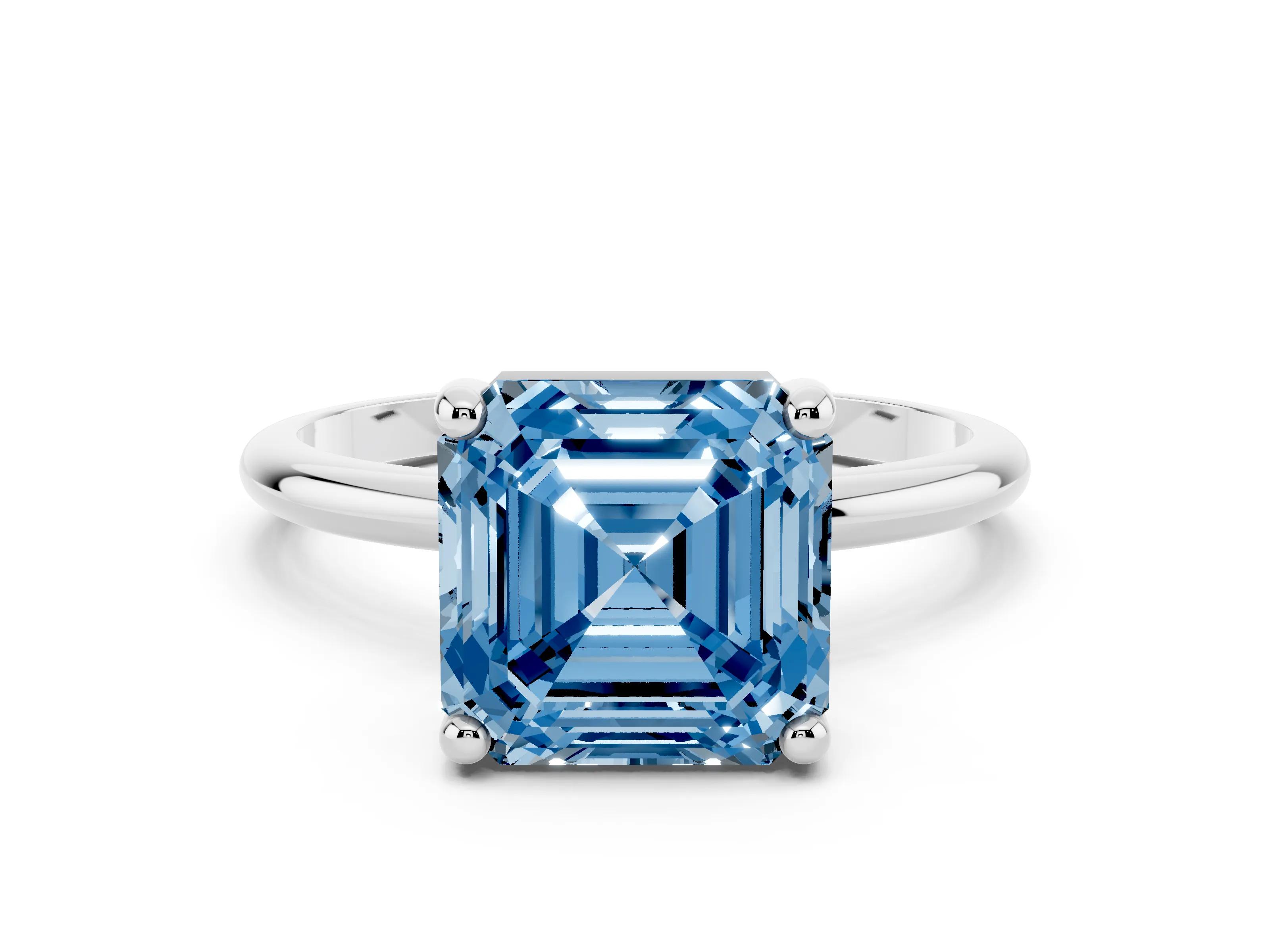Fancy Blue Asscher Cut Diamond Solitaire Ring Set in White gold with Secure Prong Setting on a Classic Band