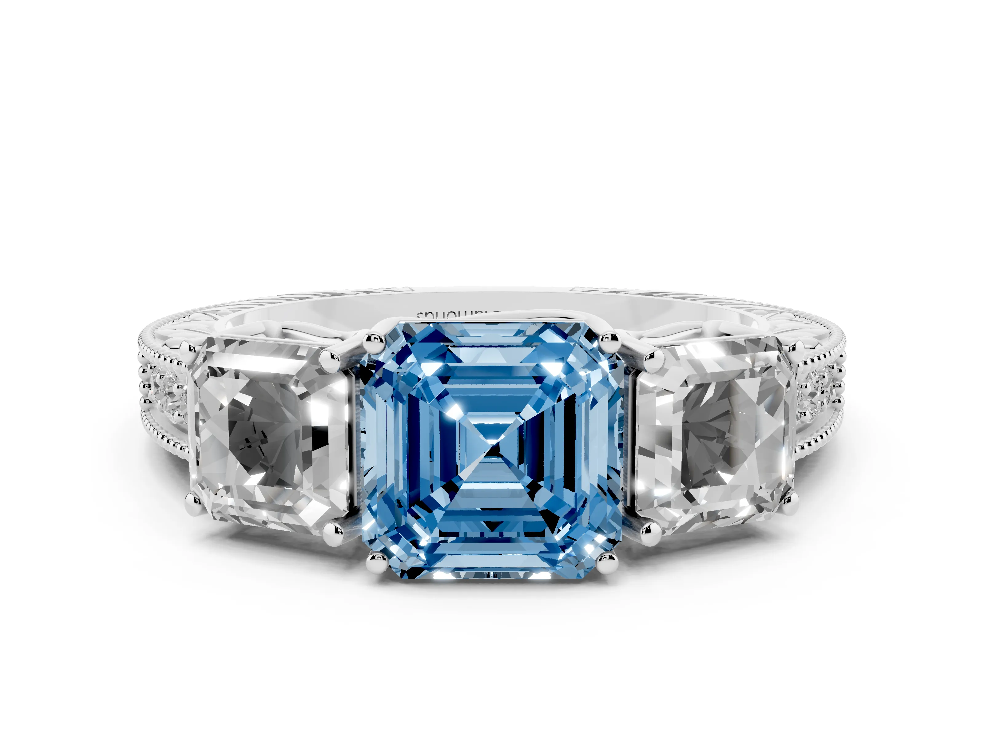 Fancy Blue Asscher Cut Diamond Three-Stone Engagement Ring Set in Silver with Milgrain Pavé Band