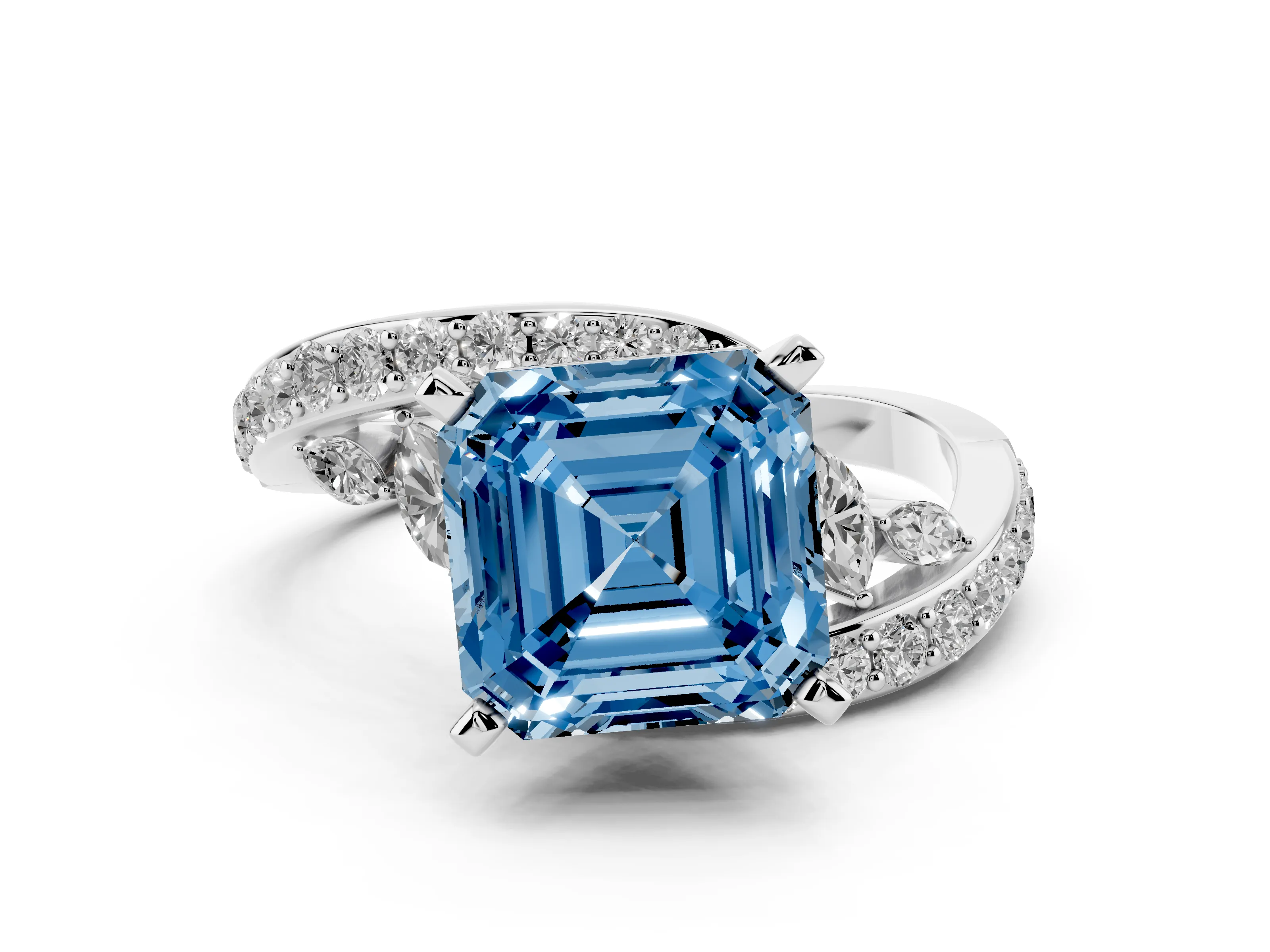 Fancy Blue Asscher Cut Diamond Solitaire Ring Set in Silver with Pavé Twist Band and Secure Prong Setting