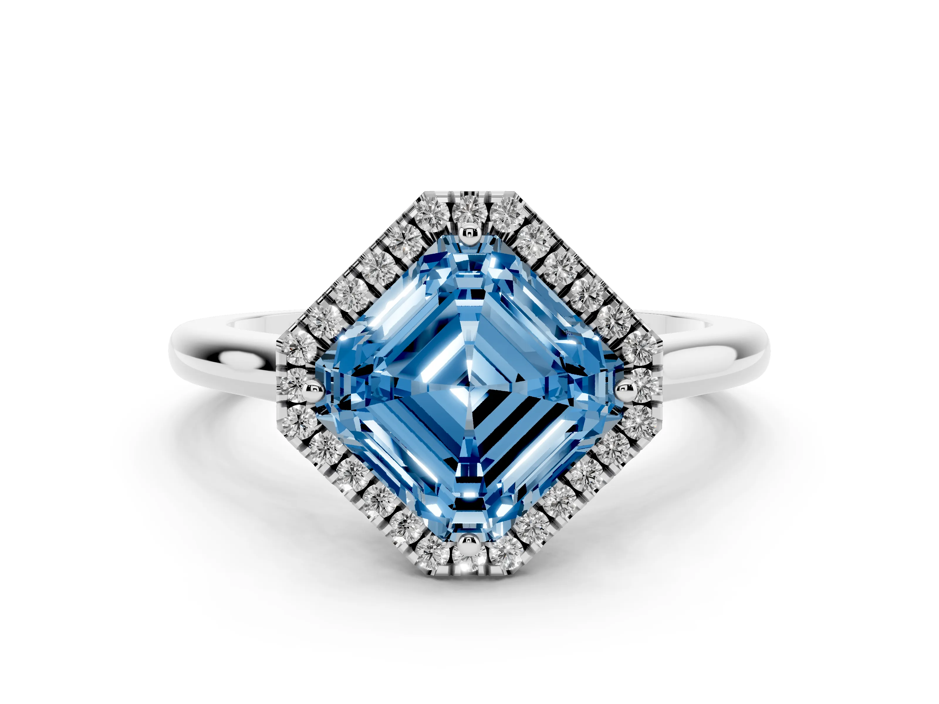 Fancy Blue Asscher Cut Diamond Halo Engagement Ring Set in White gold with Pavé Band and Rising Shoulders