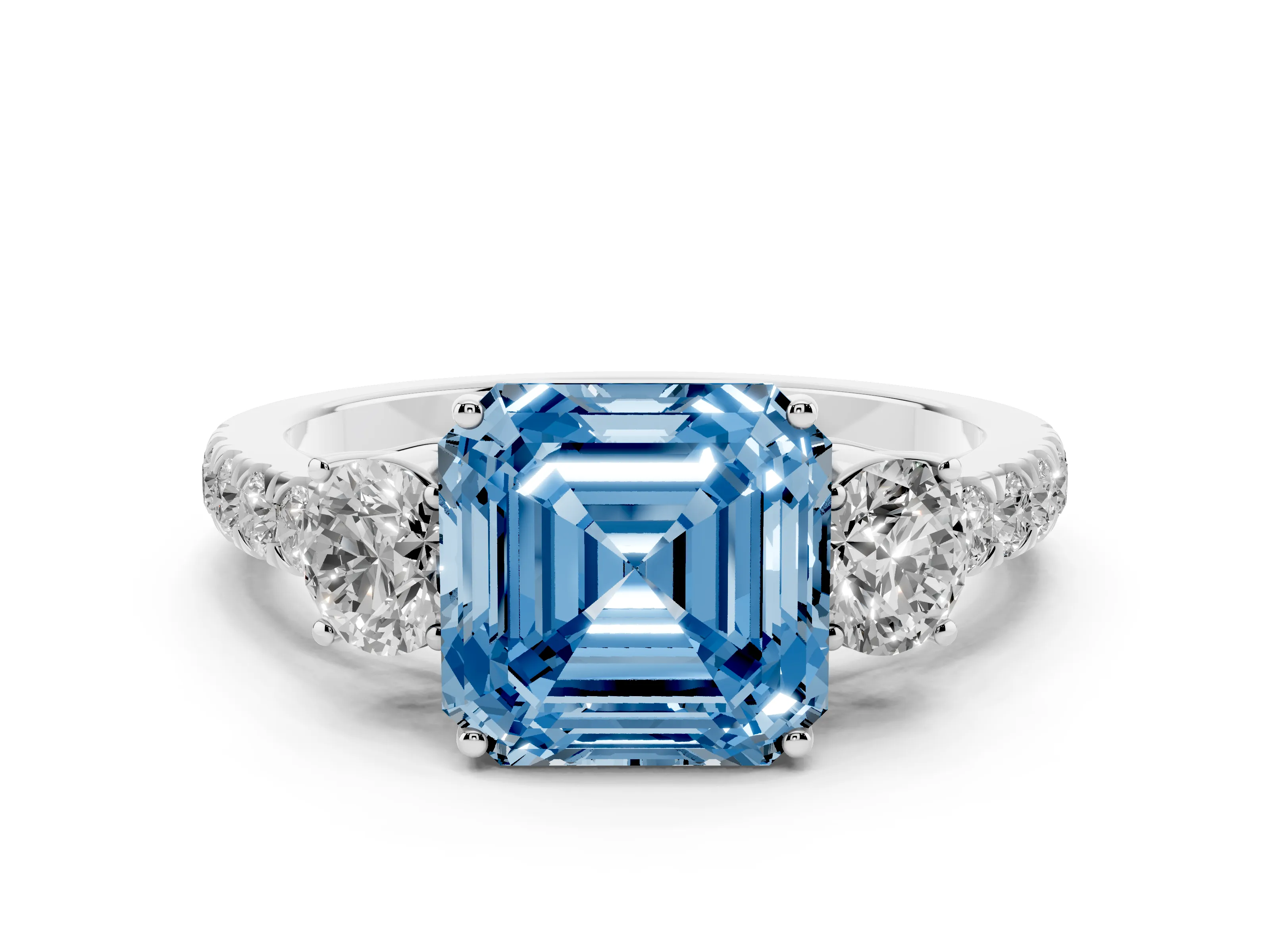 Fancy Blue Asscher Cut Diamond Three-Stone Ring Set in Silver with Round Side Stones and Delicate Pavé Band