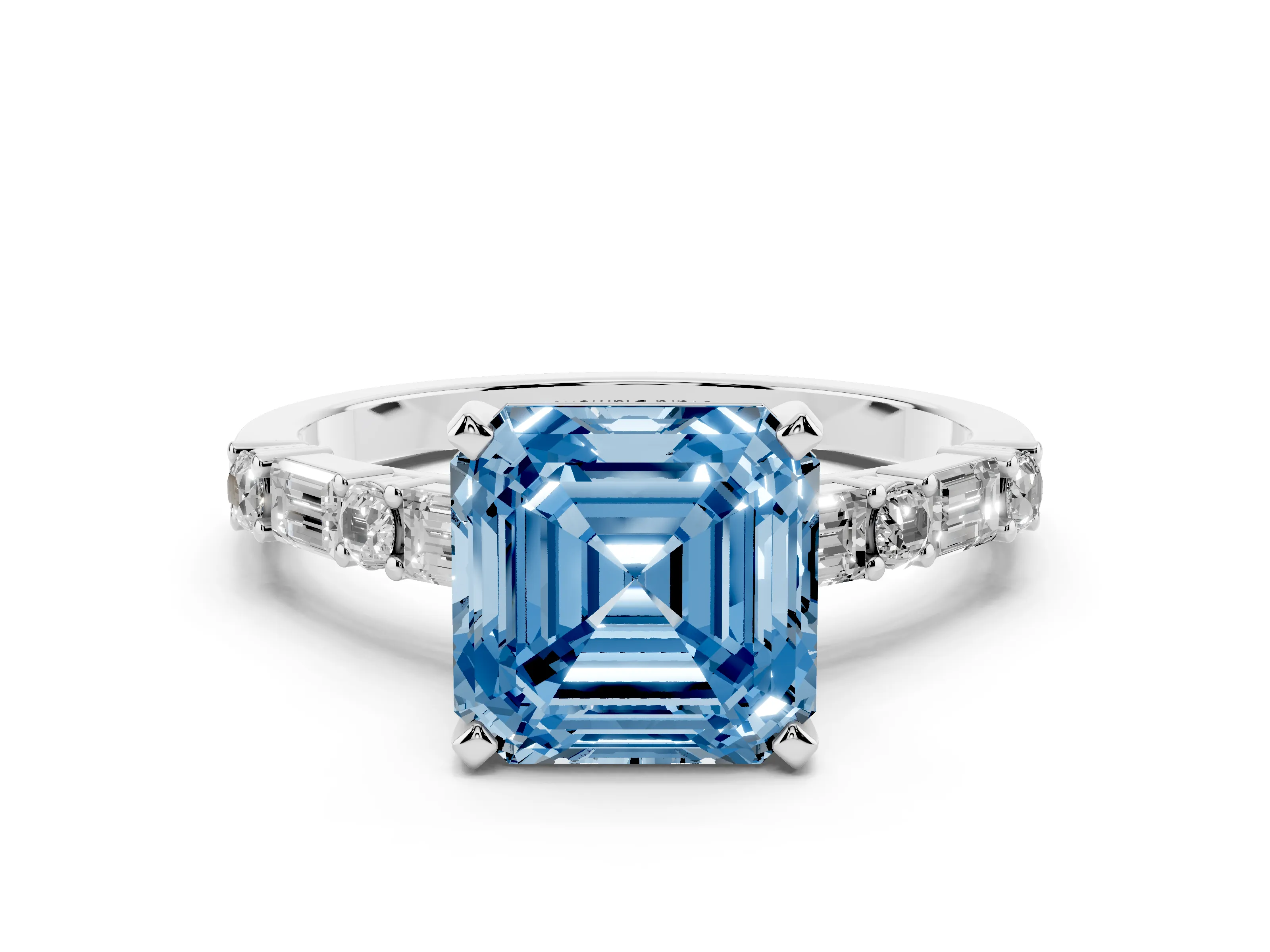 Fancy Blue Asscher Cut Diamond Solitaire Set in Platinum with Side Baguettes and Channel Set Band