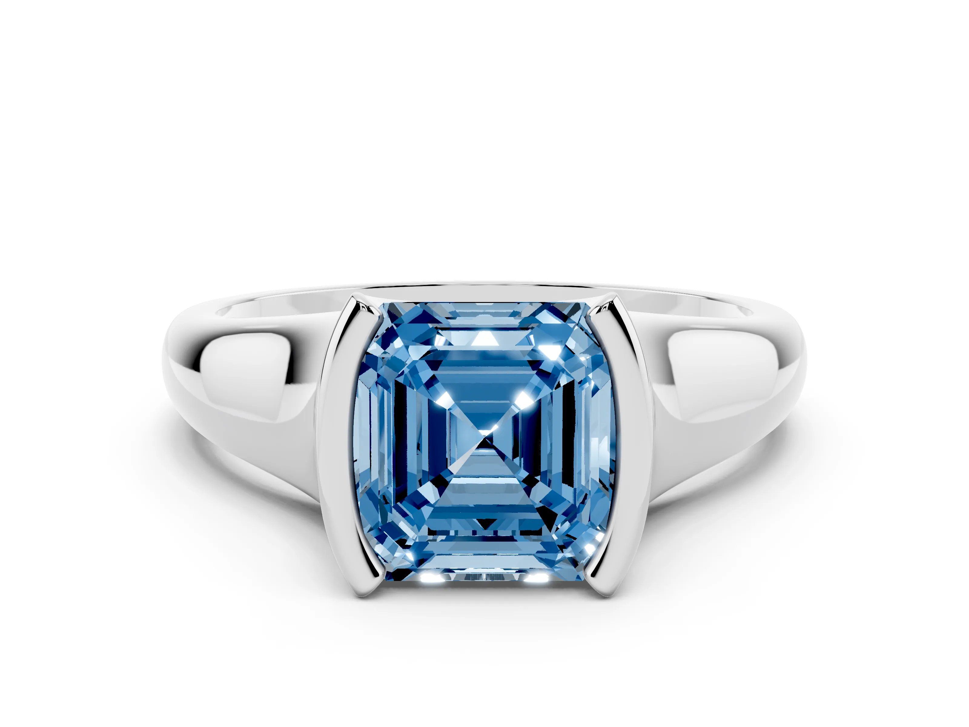 Fancy Blue Asscher Cut Diamond Solitaire Tension Set Ring Set in White gold with Split Shank Band