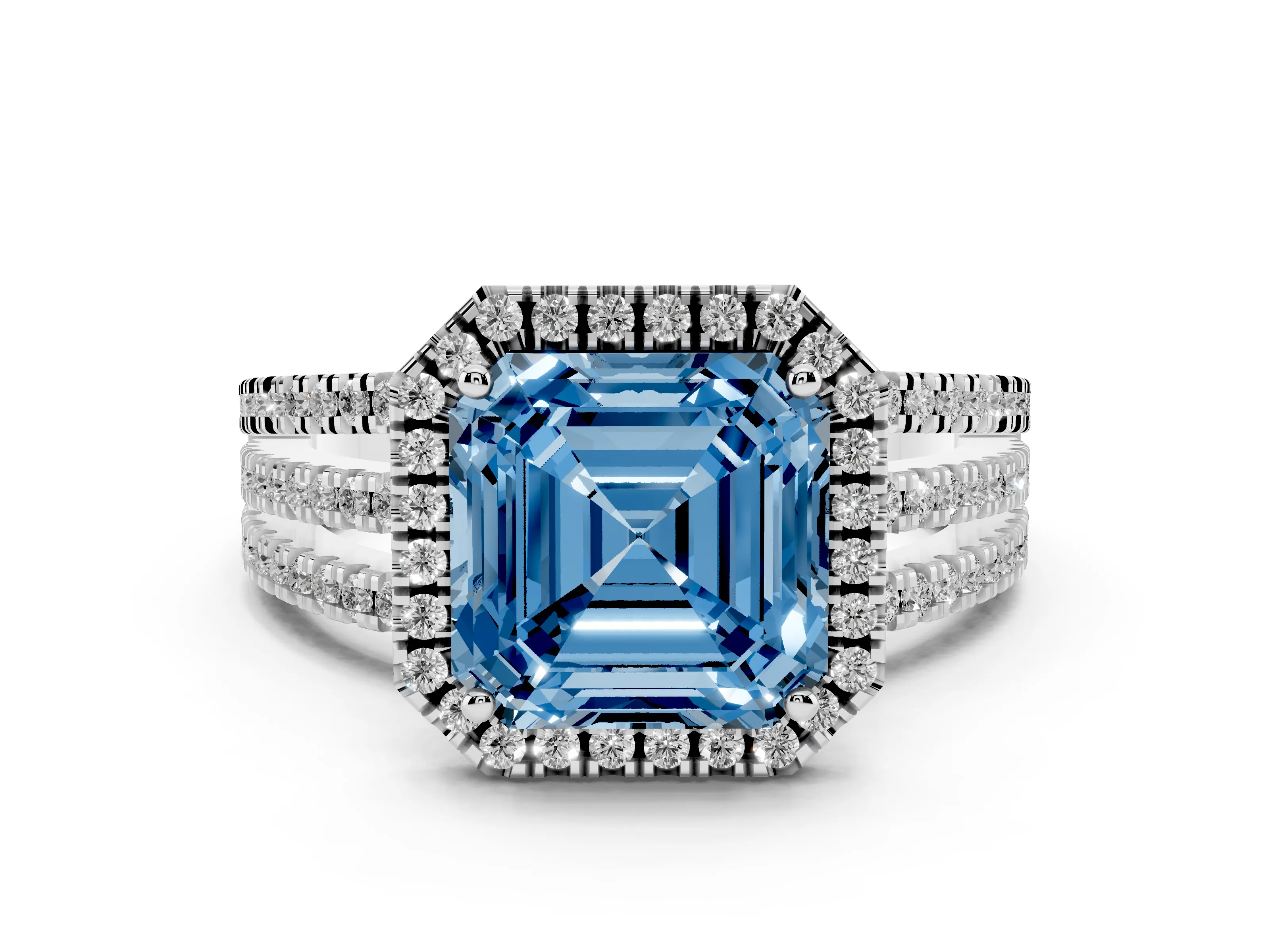 Fancy Blue Asscher Cut Diamond Halo Split Shank Engagement Ring Set in Silver with Prong Setting