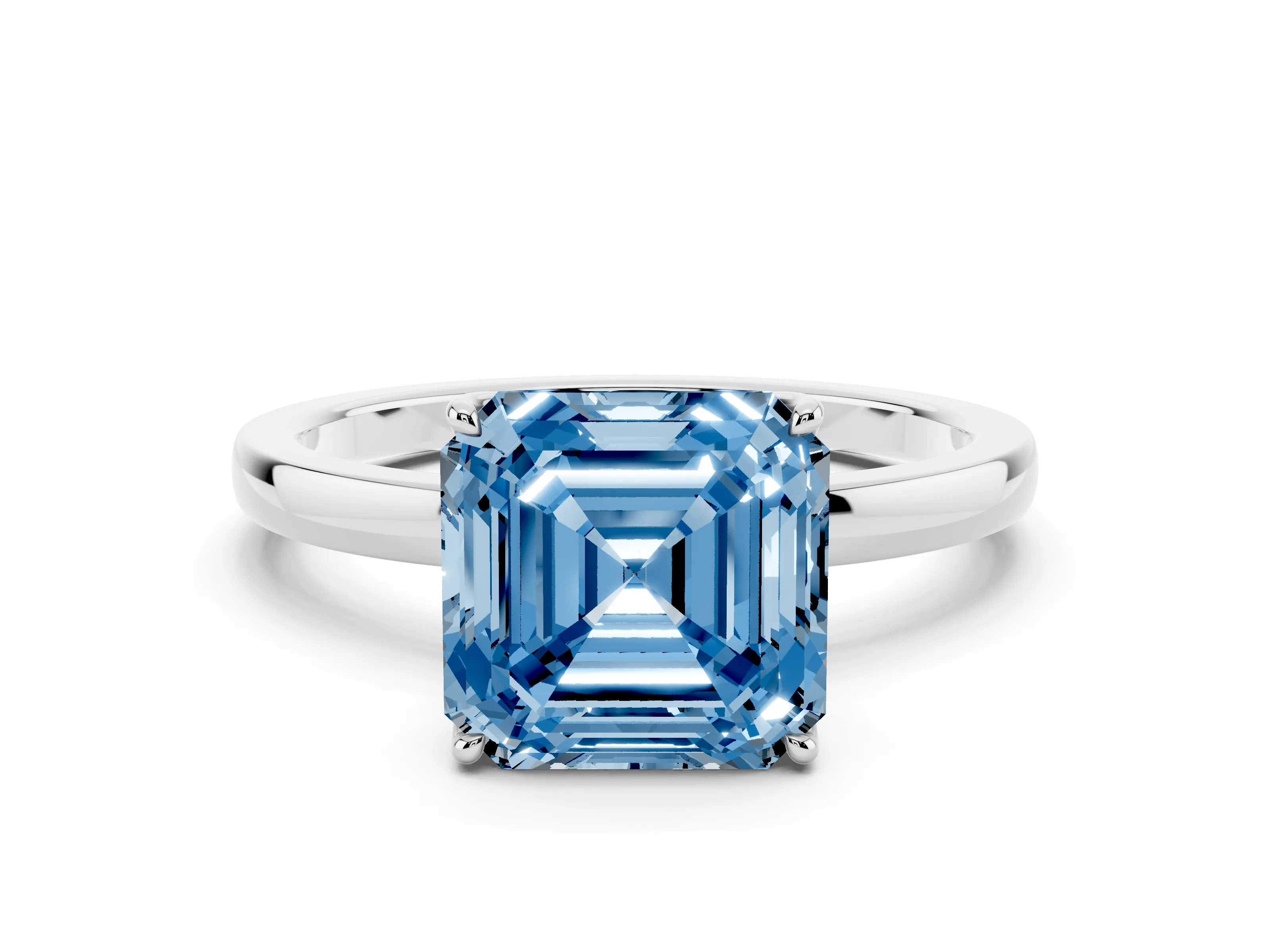Fancy Blue Asscher Cut Diamond Solitaire Ring Set in Platinum with Prong Setting and Thin Polished Band