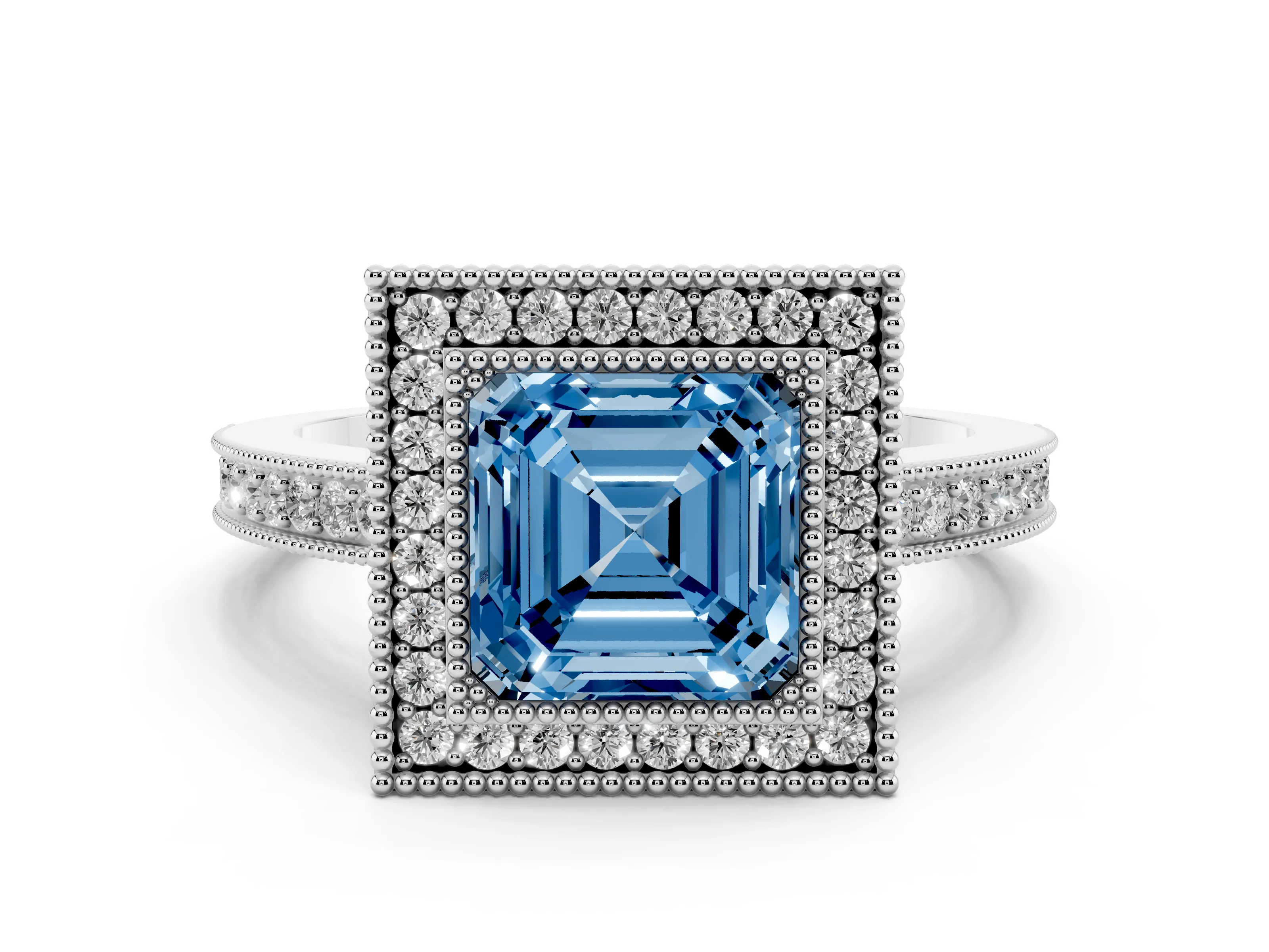 Fancy Blue Asscher Cut Diamond Round Halo Ring Set in Platinum with Pavé Band