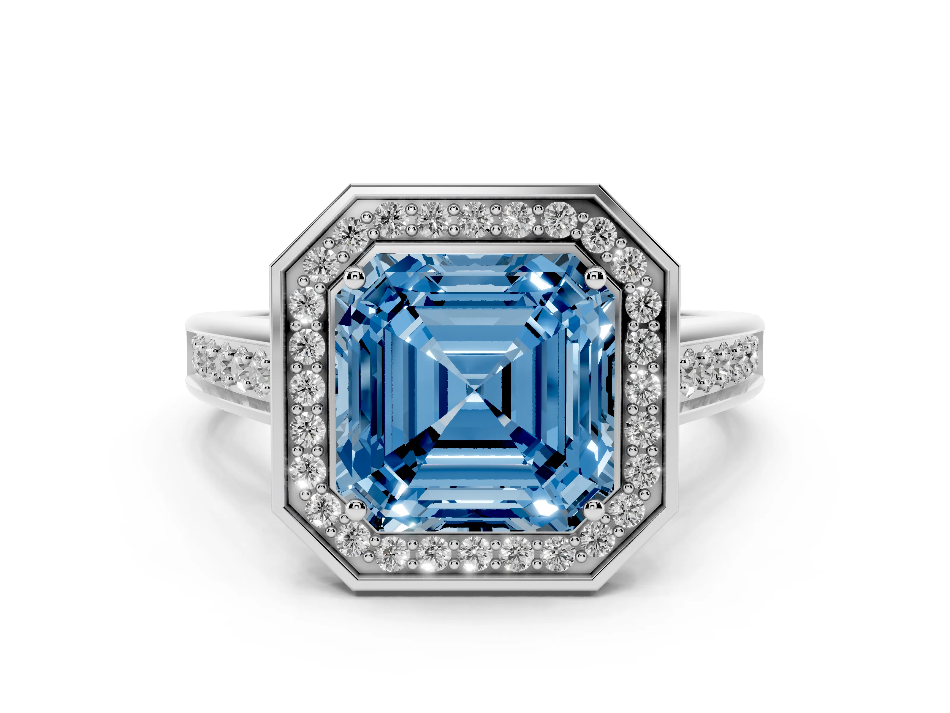 Fancy Blue Asscher Cut Diamond Halo Solitaire Ring Set in Silver with Pavé Band and Bezel Setting