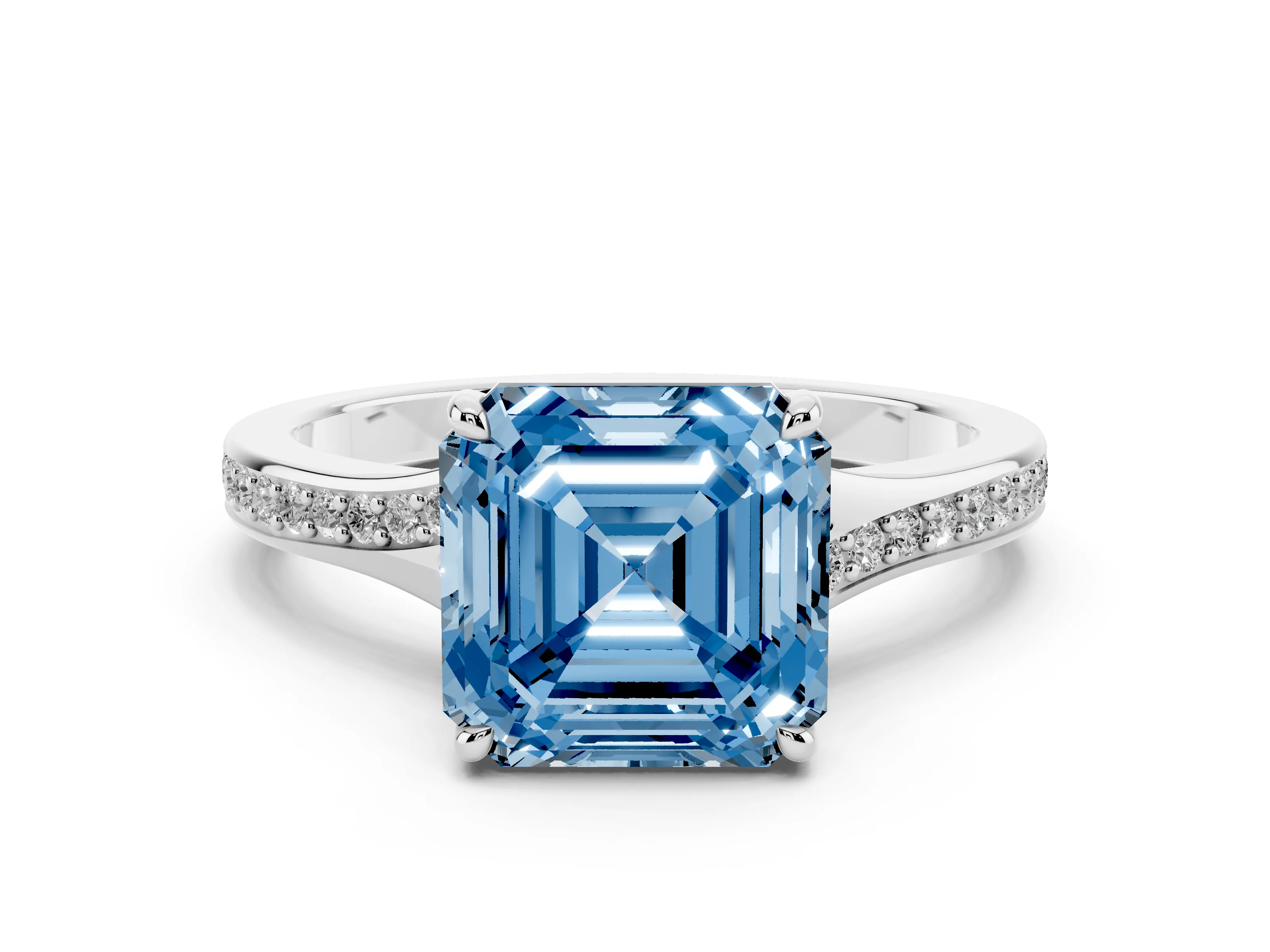 Fancy Blue Asscher Cut Diamond Solitaire Ring Set in Platinum with Pavé Accent Band and Classic Prong Setting