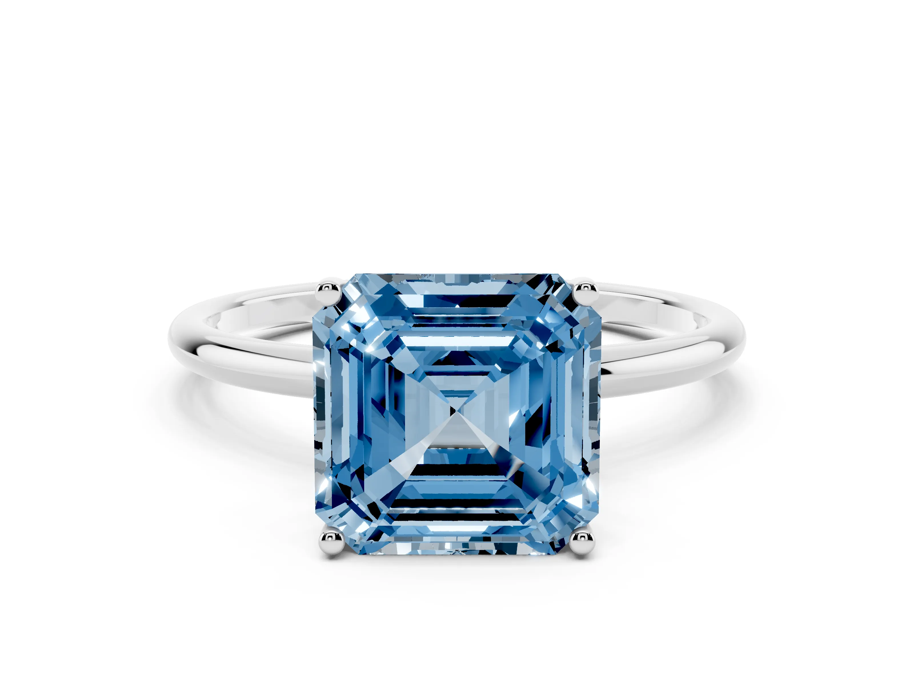 Fancy Blue Asscher Cut Diamond Solitaire Engagement Ring Set in Platinum with Thin Band and Prong Setting