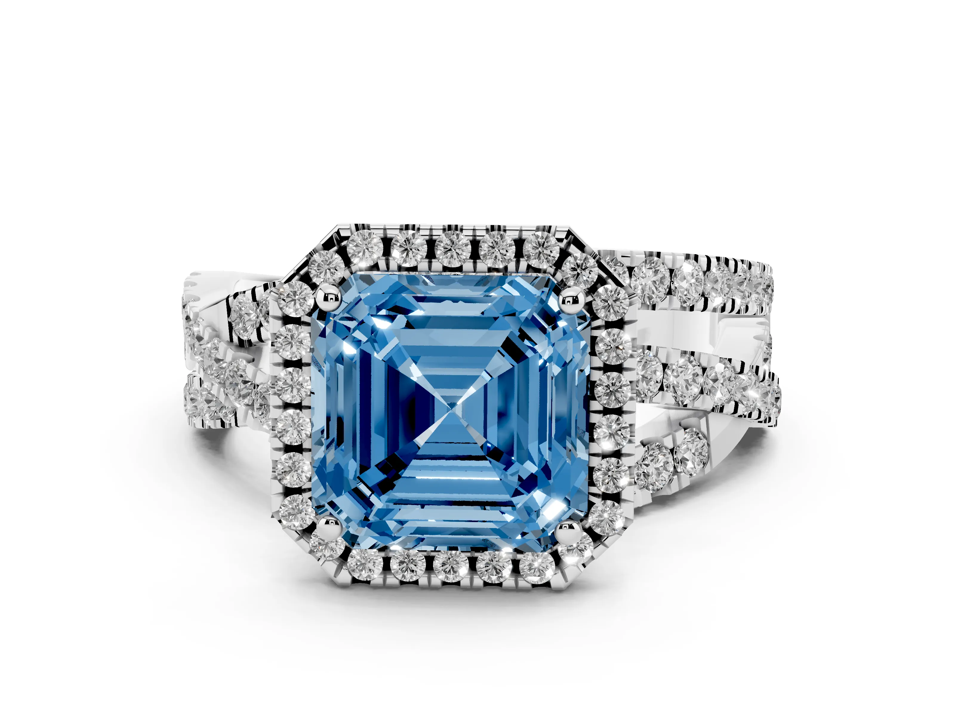 Fancy Blue Asscher Cut Diamond Halo Ring Set in White gold with Round Crossover Split Shank and Prong Setting
