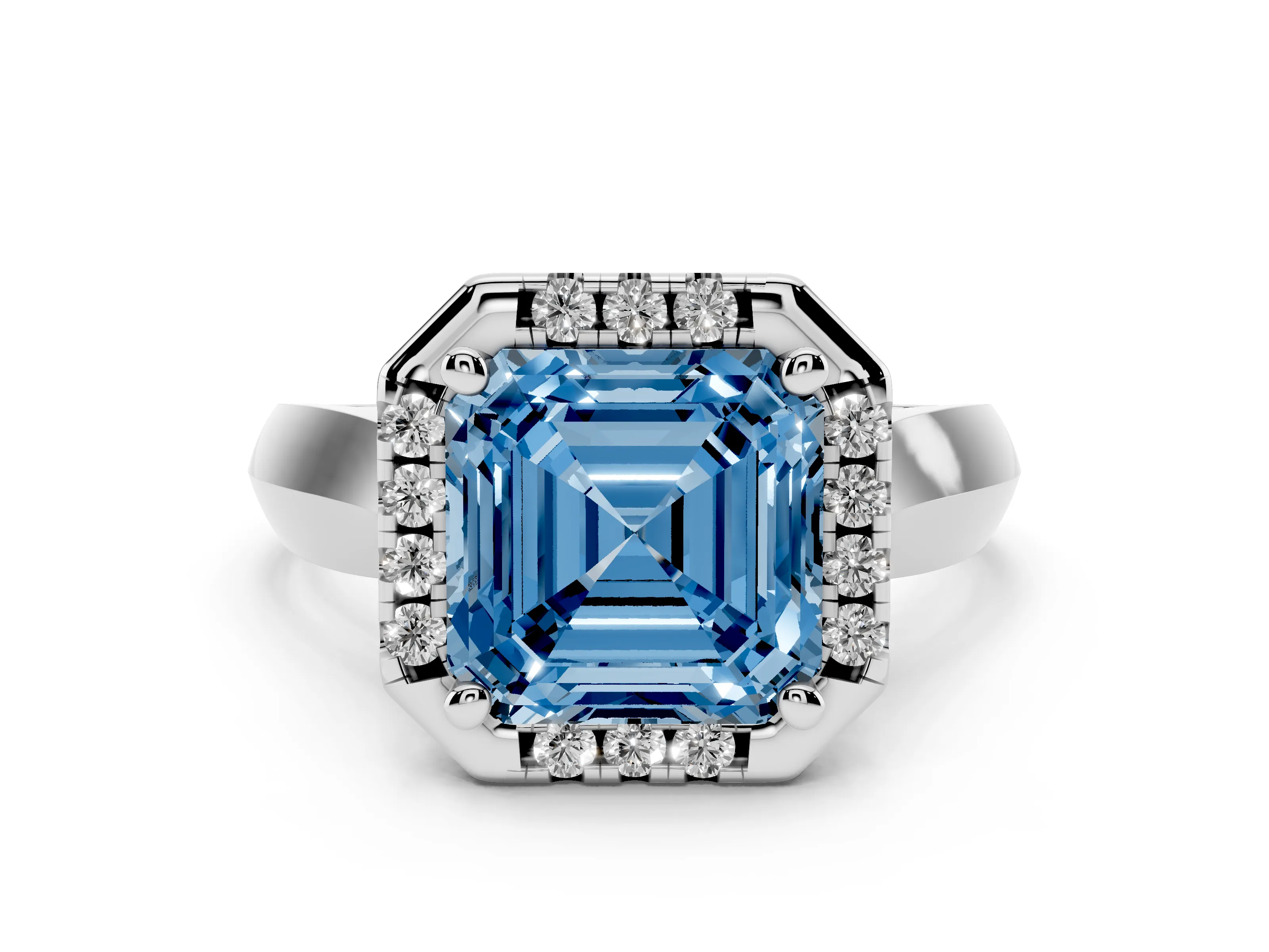 Fancy Blue Asscher Cut Diamond Halo Solitaire Engagement Ring Set in Silver with Square Band and Prong Setting