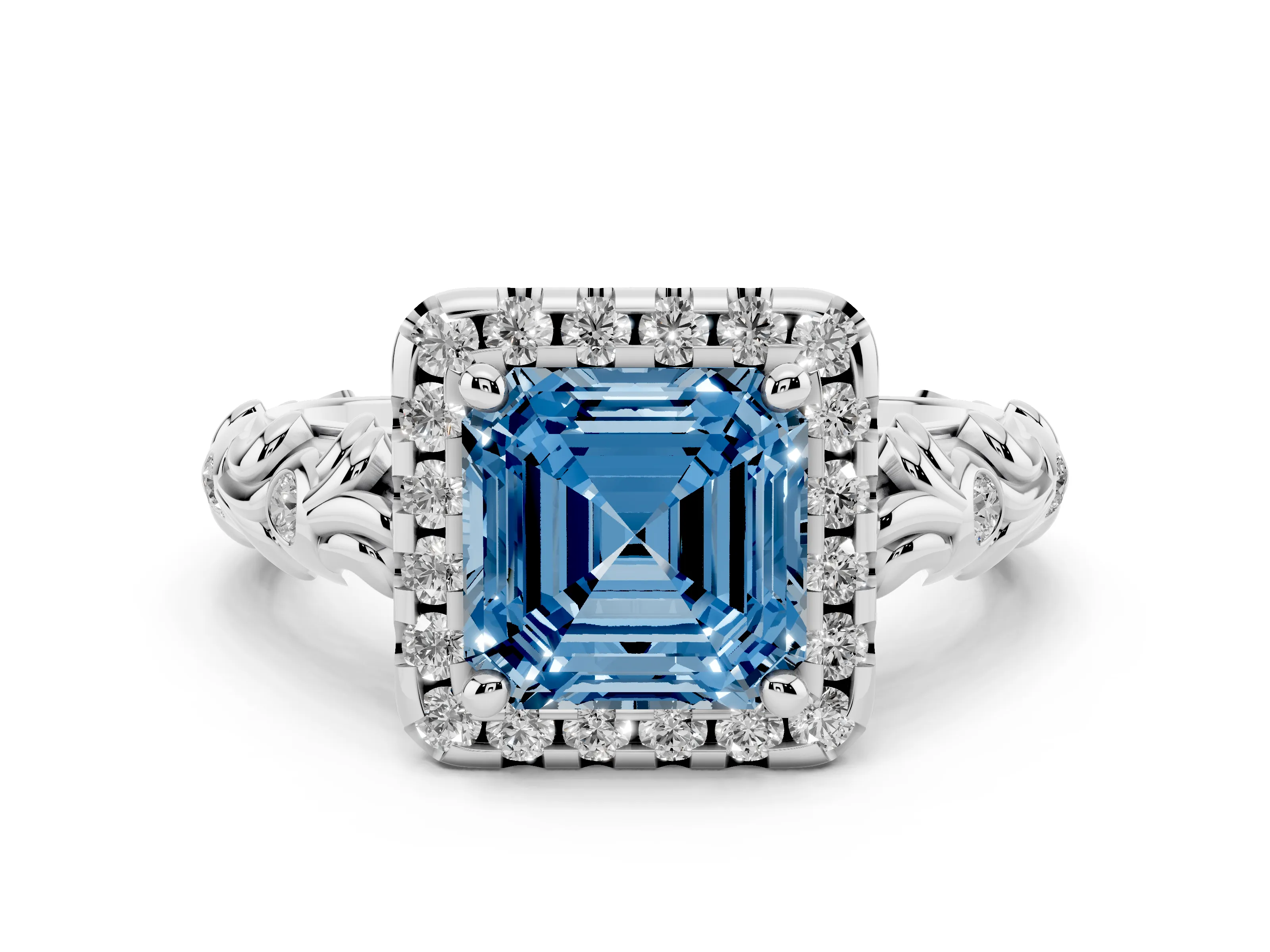 Fancy Blue Asscher Cut Diamond Halo Ring Set in Platinum with Filigree Leaf Band and Prong Setting