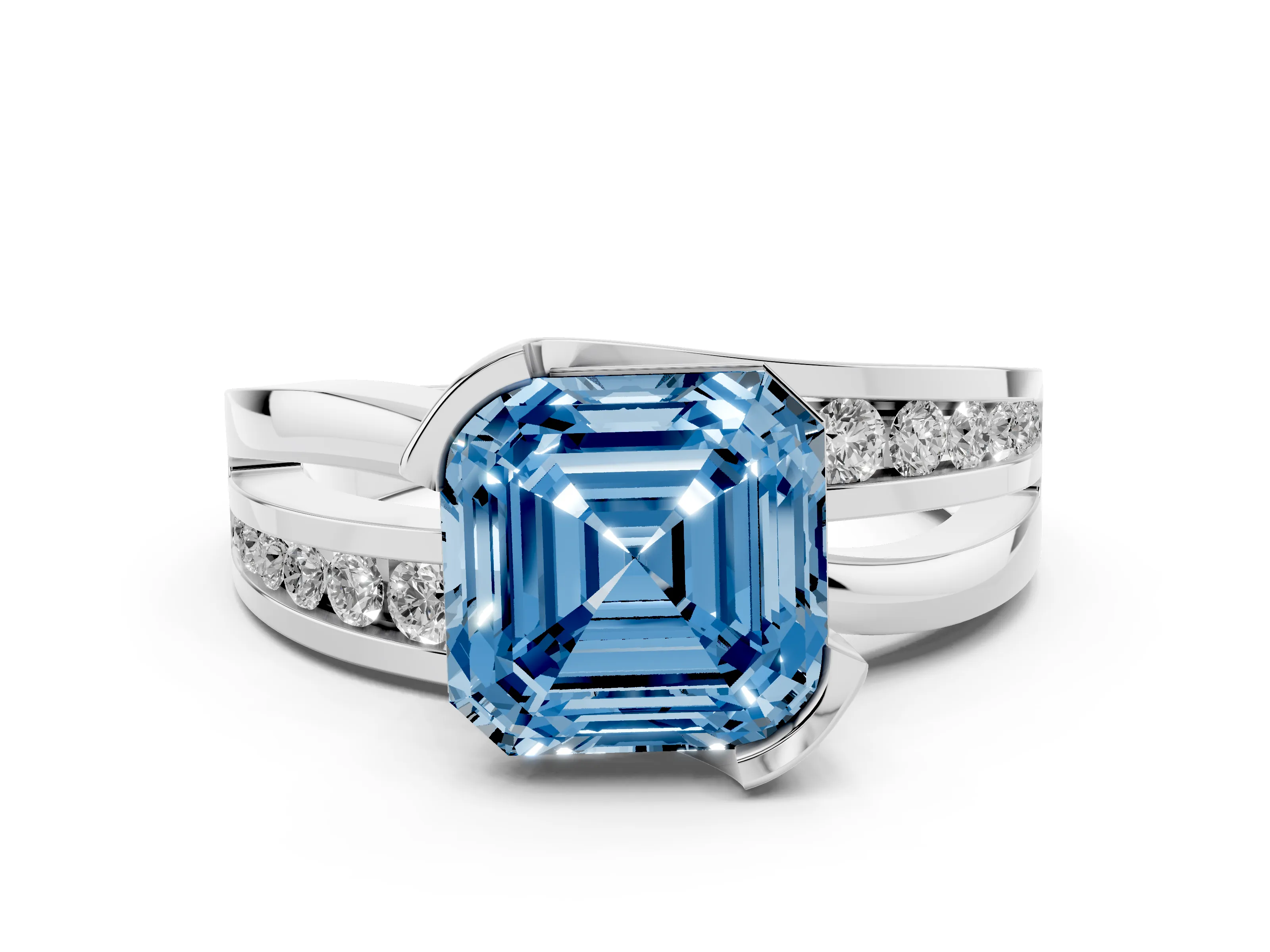 Fancy Blue Asscher Cut Diamond Solitaire Ring Set in Silver with Channel Set Split Shank and Tension Prongs