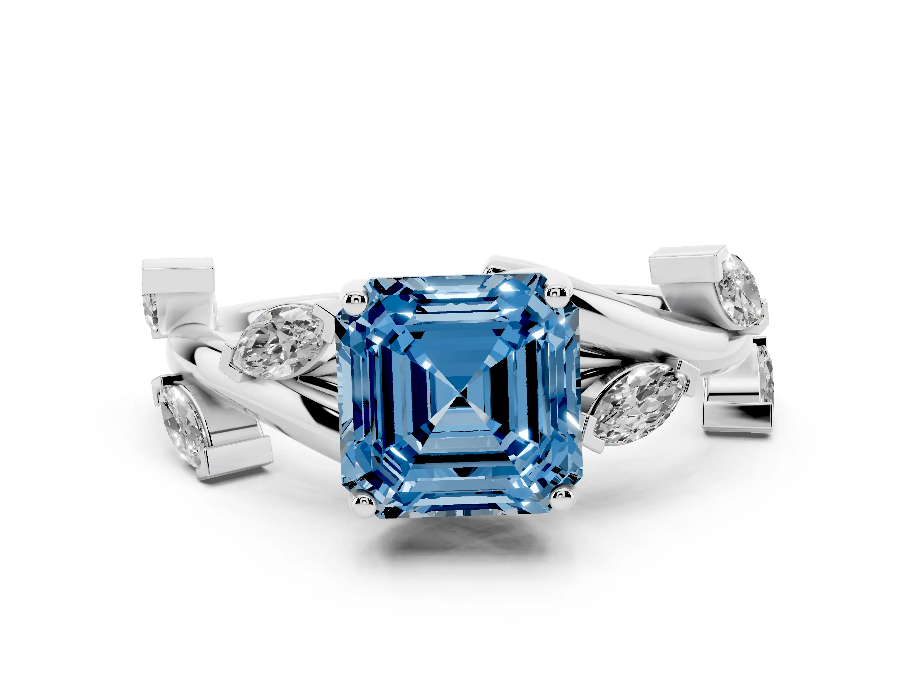Fancy Blue Asscher Cut Diamond Solitaire Ring Set in White gold with Twisted Marquise Accent Band
