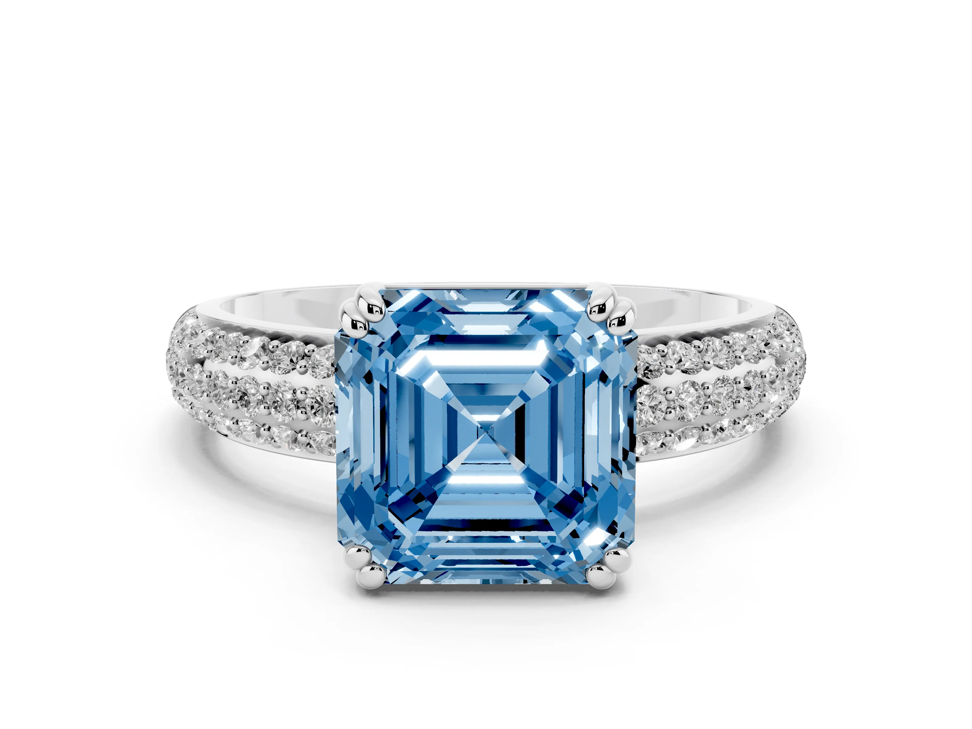 Fancy Blue Asscher Cut Diamond Solitaire Ring Set in White gold with Multi-Row Round Pavé Band and Prong Setting