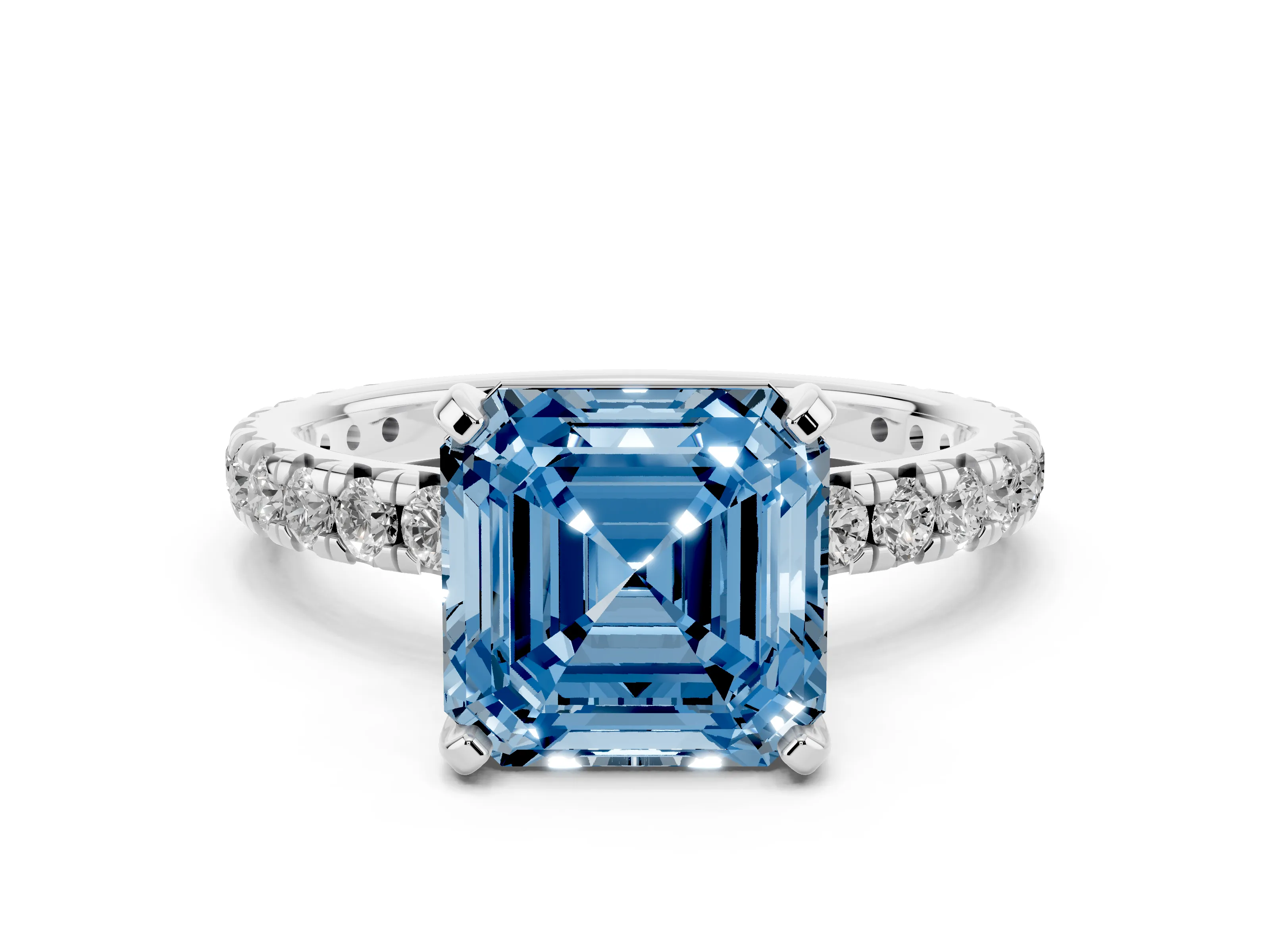 Fancy Blue Asscher Cut Diamond Pavé Solitaire Ring Set in Silver with Round Band and Prong Setting