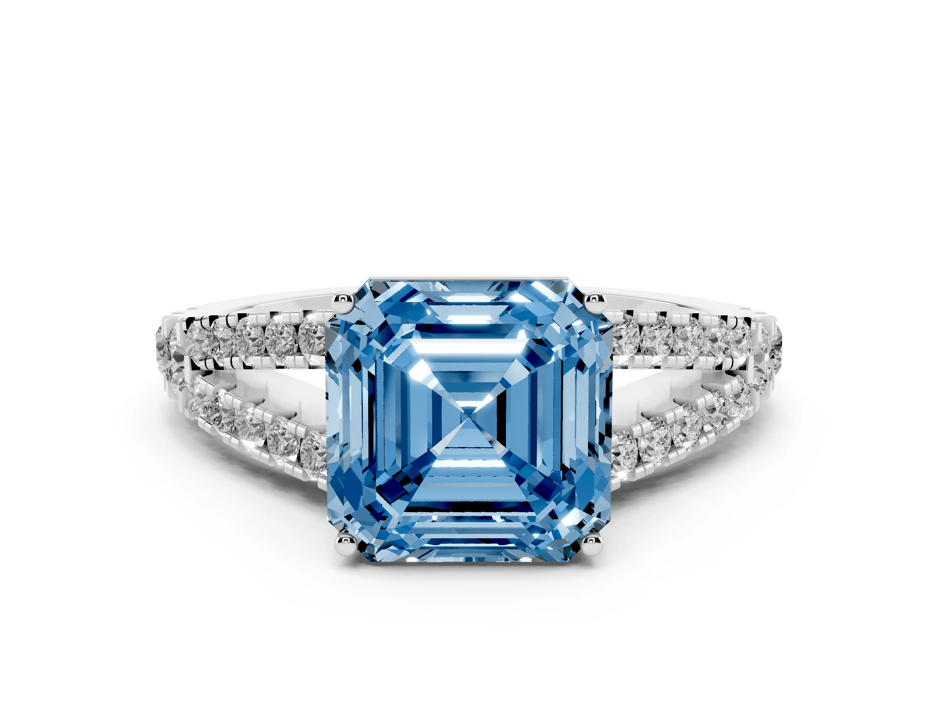 Fancy Blue Asscher Cut Diamond Split Shank Pavé Engagement Ring Set in Platinum with Prong-Held Center Stone