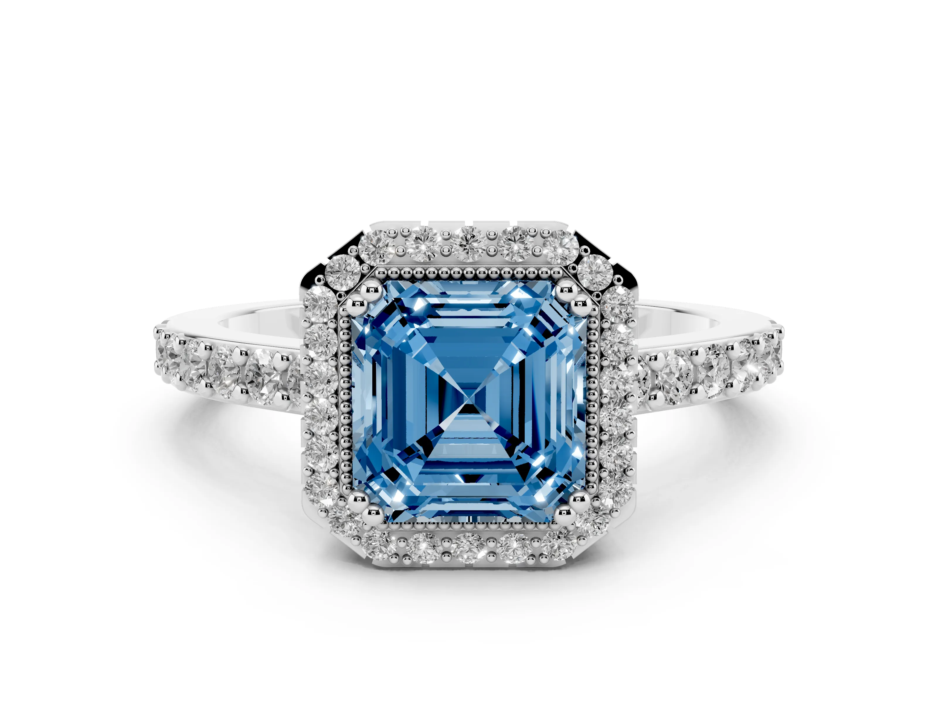 Fancy Blue Asscher Cut Diamond Halo Engagement Ring Set in Platinum with Milgrain Detail and Pavé Band