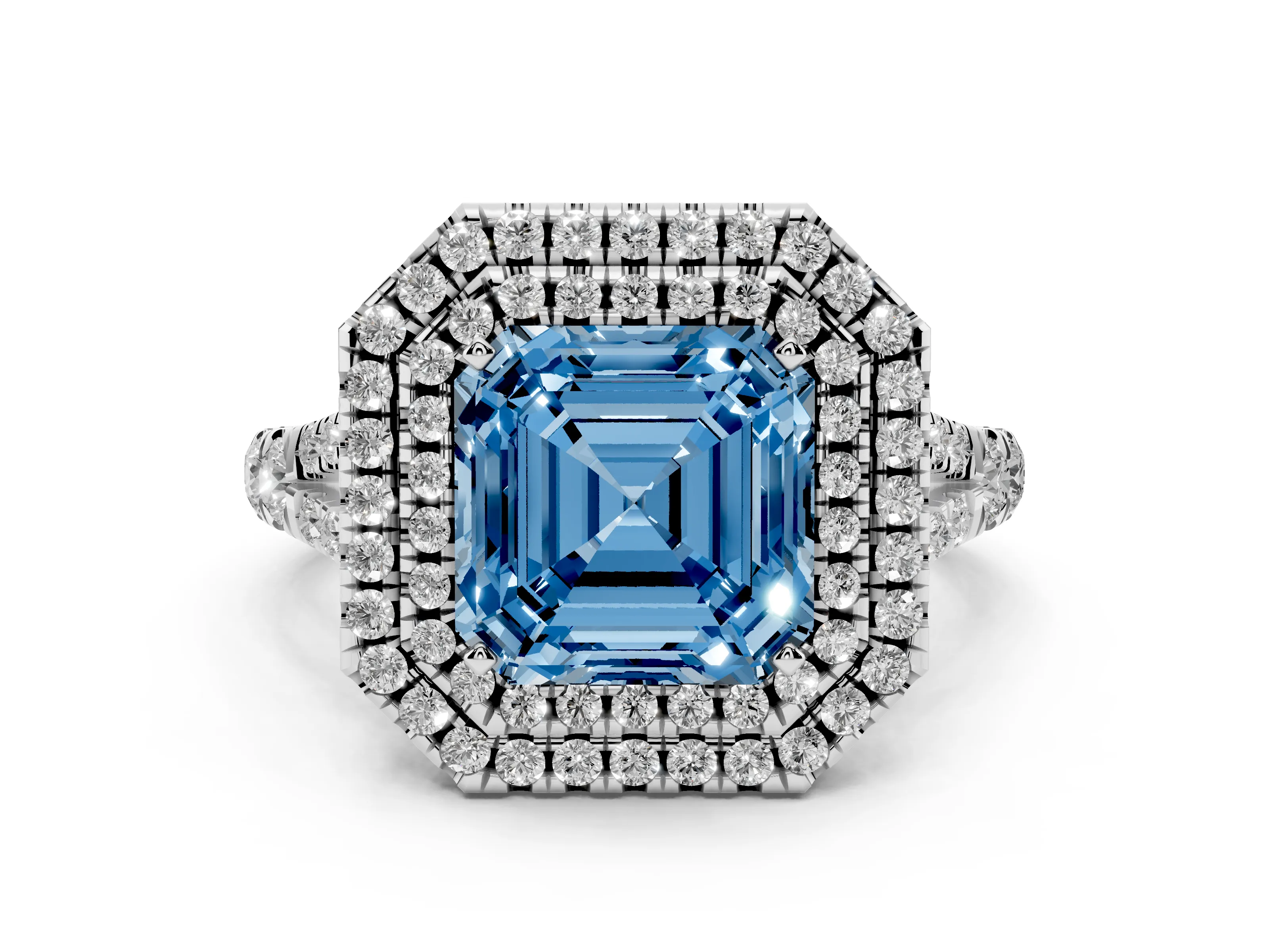 Fancy Blue Asscher Cut Diamond Pavé Split Shank Double Halo Engagement Ring Set in Platinum