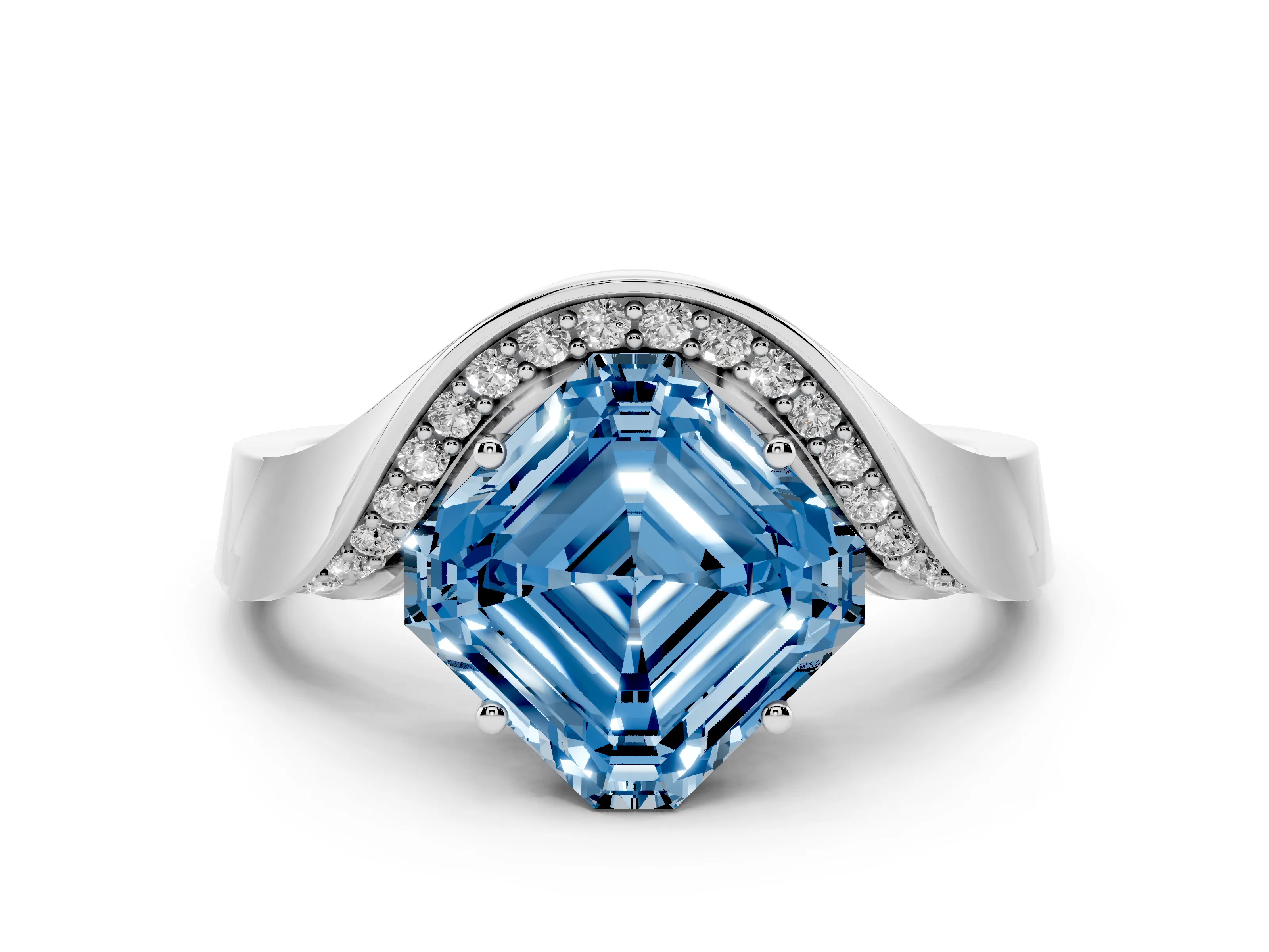 Fancy Blue Asscher Cut Diamond Solitaire Engagement Ring Set in Silver with Pavé Shoulders