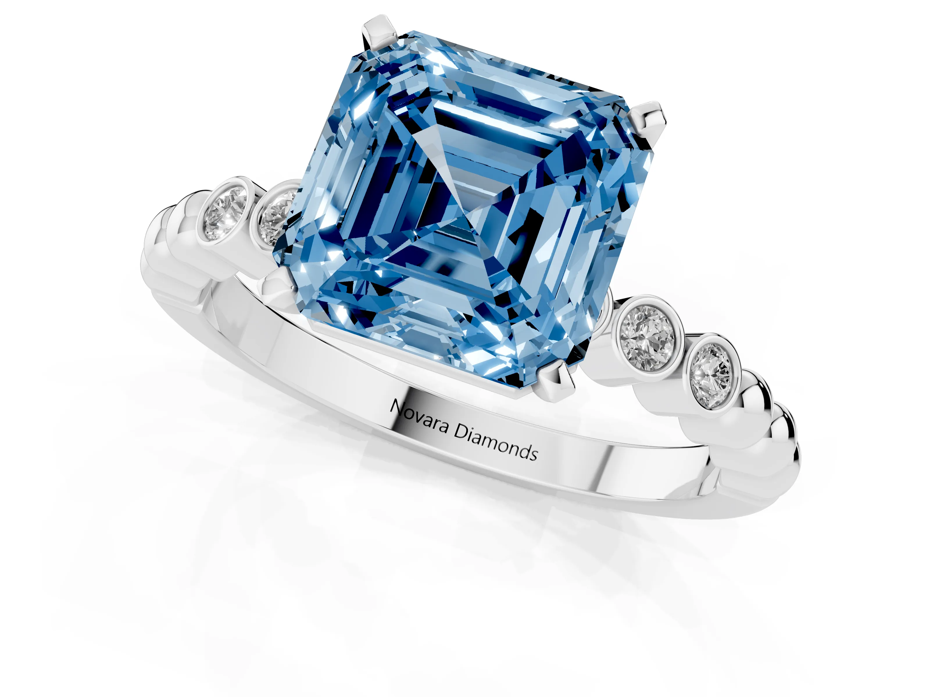Fancy Blue Asscher Cut Diamond Solitaire Engagement Ring Set in White gold with Bezel Accents on Beaded Band