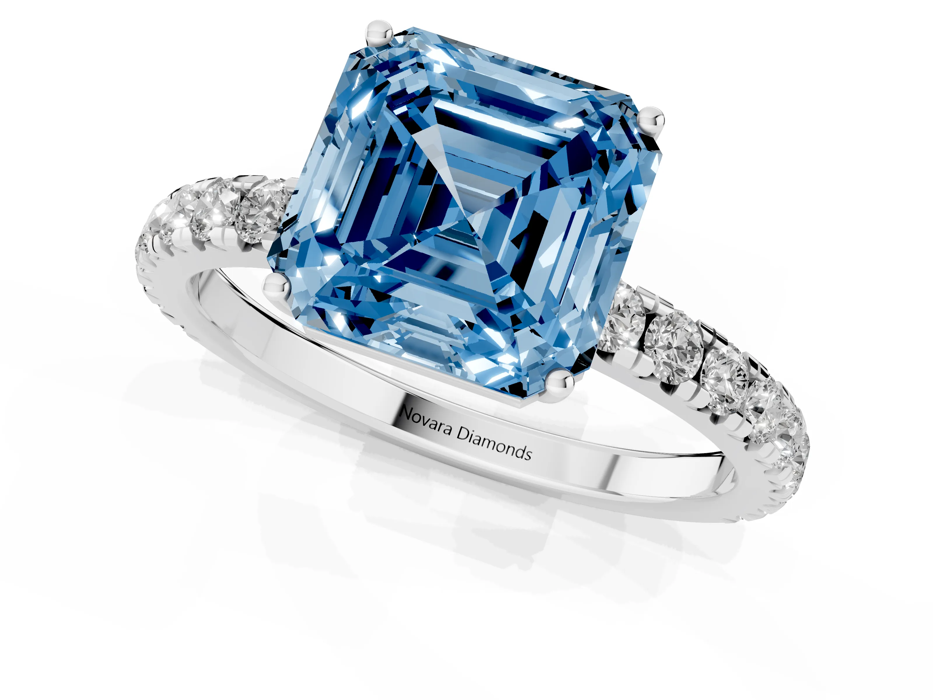 Fancy Blue Asscher Cut Diamond Pavé Solitaire Engagement Ring Set in Silver with Prong Setting