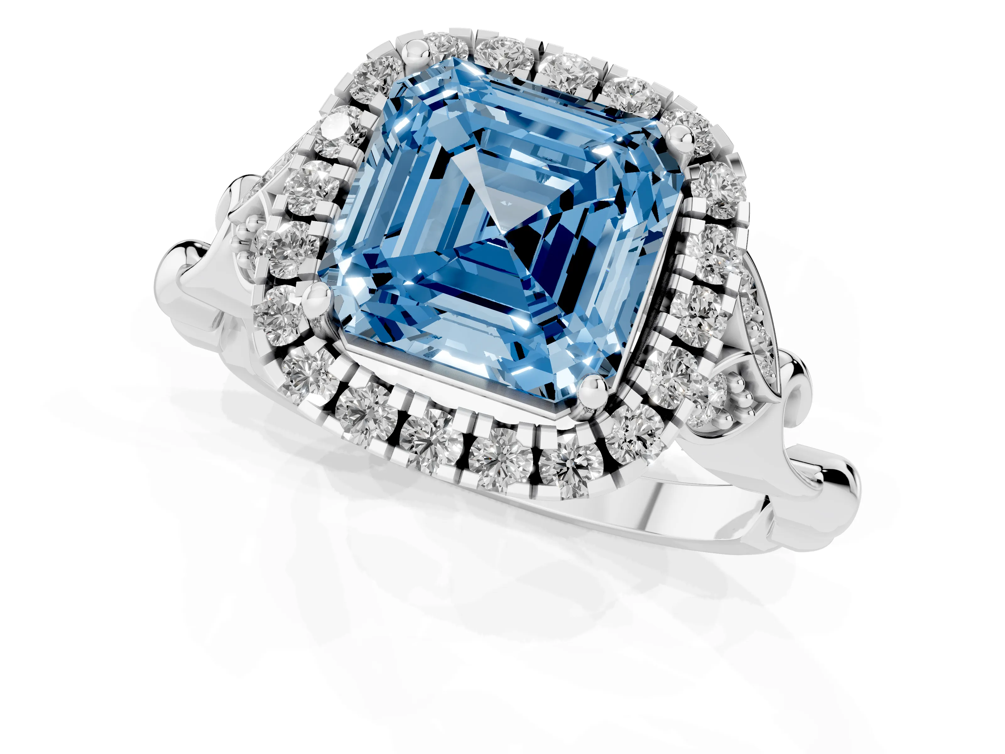 Fancy Blue Asscher Cut Diamond Halo Engagement Ring Set in Silver with Vintage-Inspired Band and Prong Setting