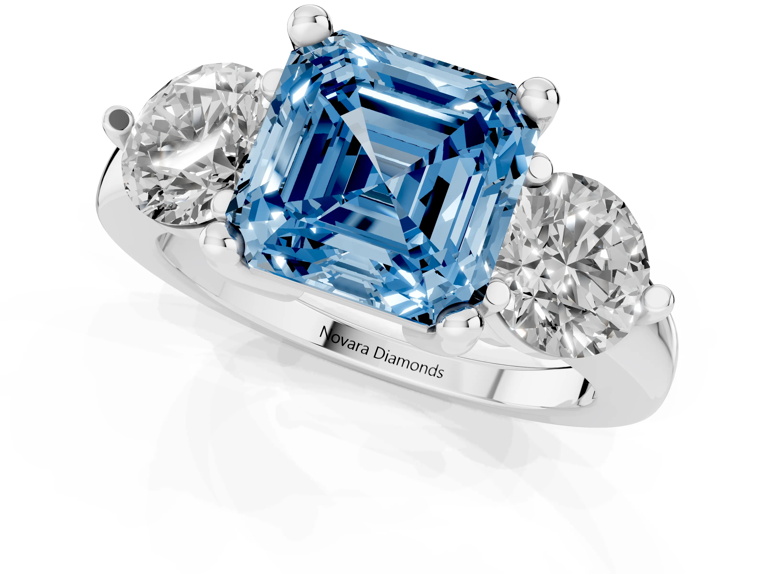 Fancy Blue Asscher Cut Diamond Three-Stone Ring Set in Silver with Prong Setting and Classic Band