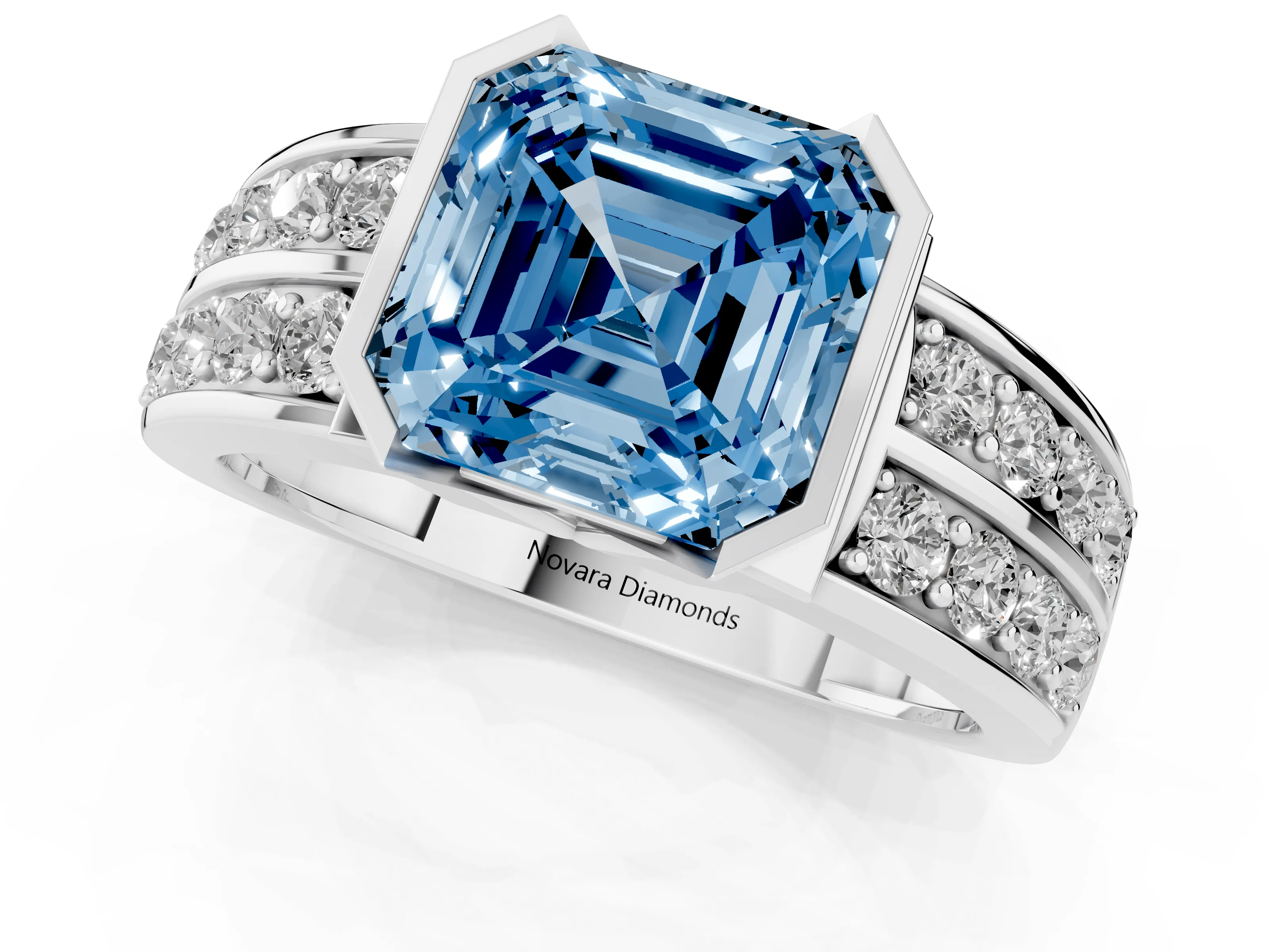 Fancy Blue Asscher Cut Diamond Wide Channel Set Band Ring Set in Silver with Bezel Setting