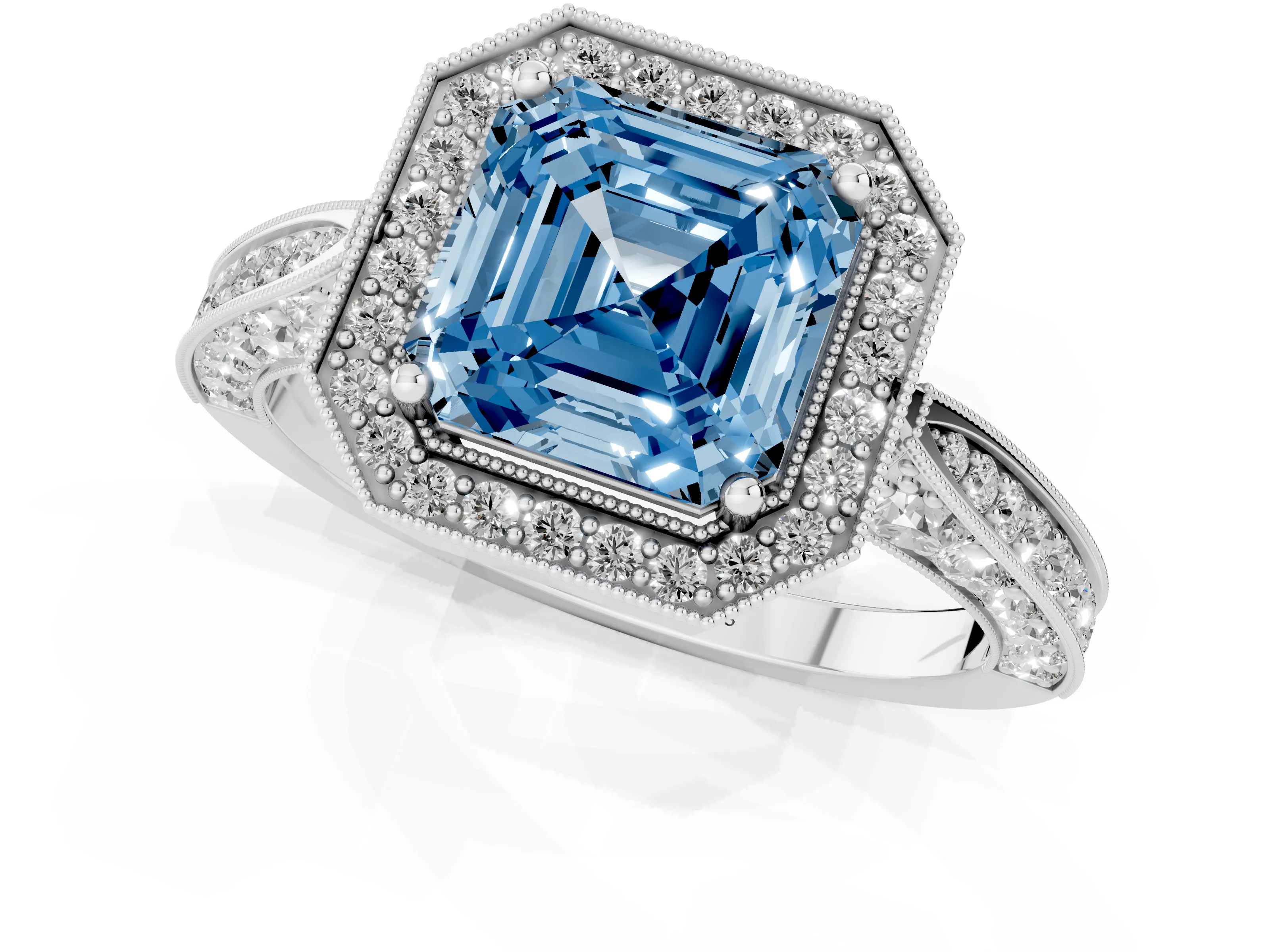 Fancy Blue Asscher Cut Diamond Halo Engagement Ring Set in Platinum with Accent Split Shank Band