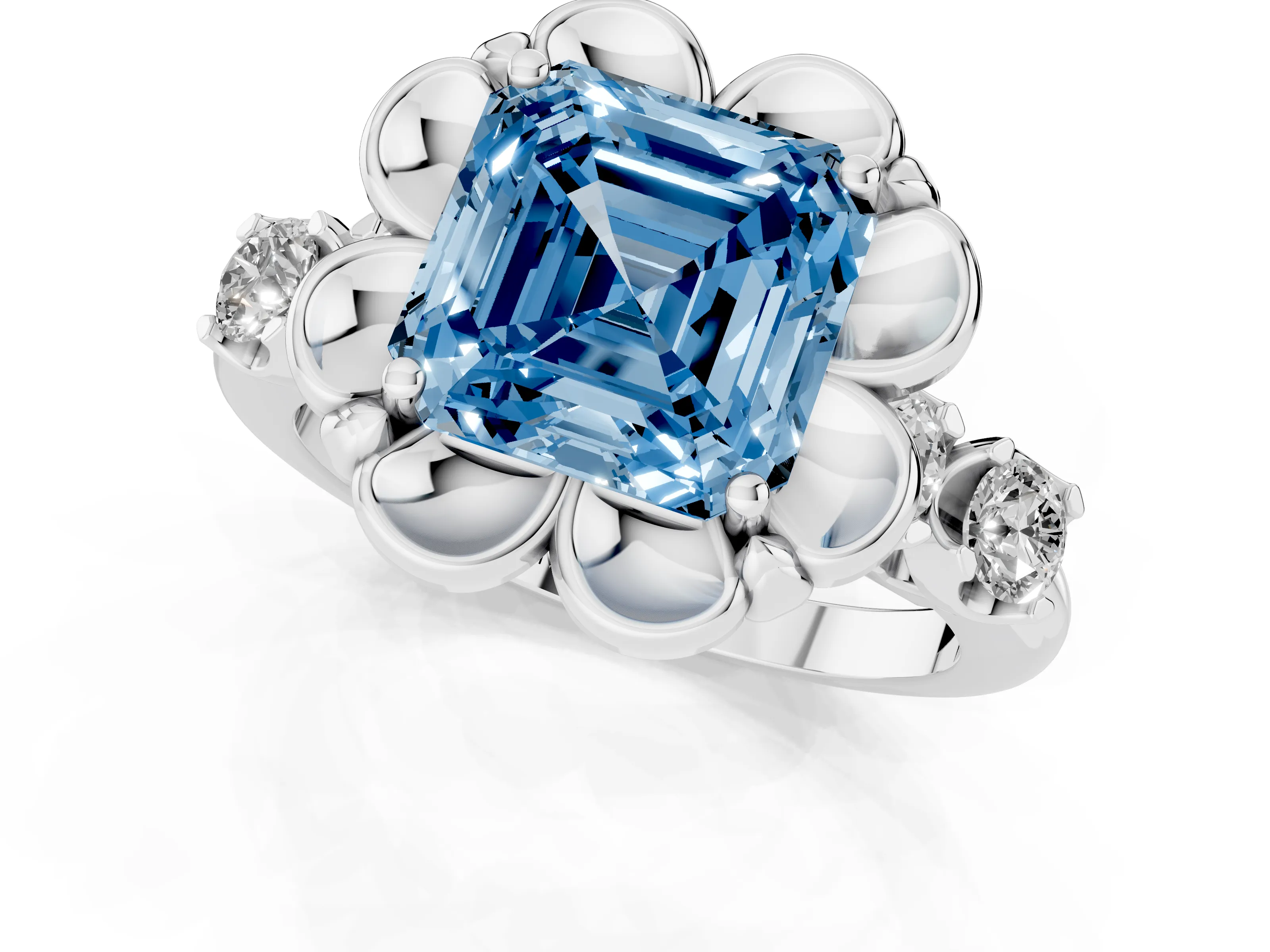 Fancy Blue Asscher Cut Diamond Floral Halo Ring Set in White gold with Shared Prong Band