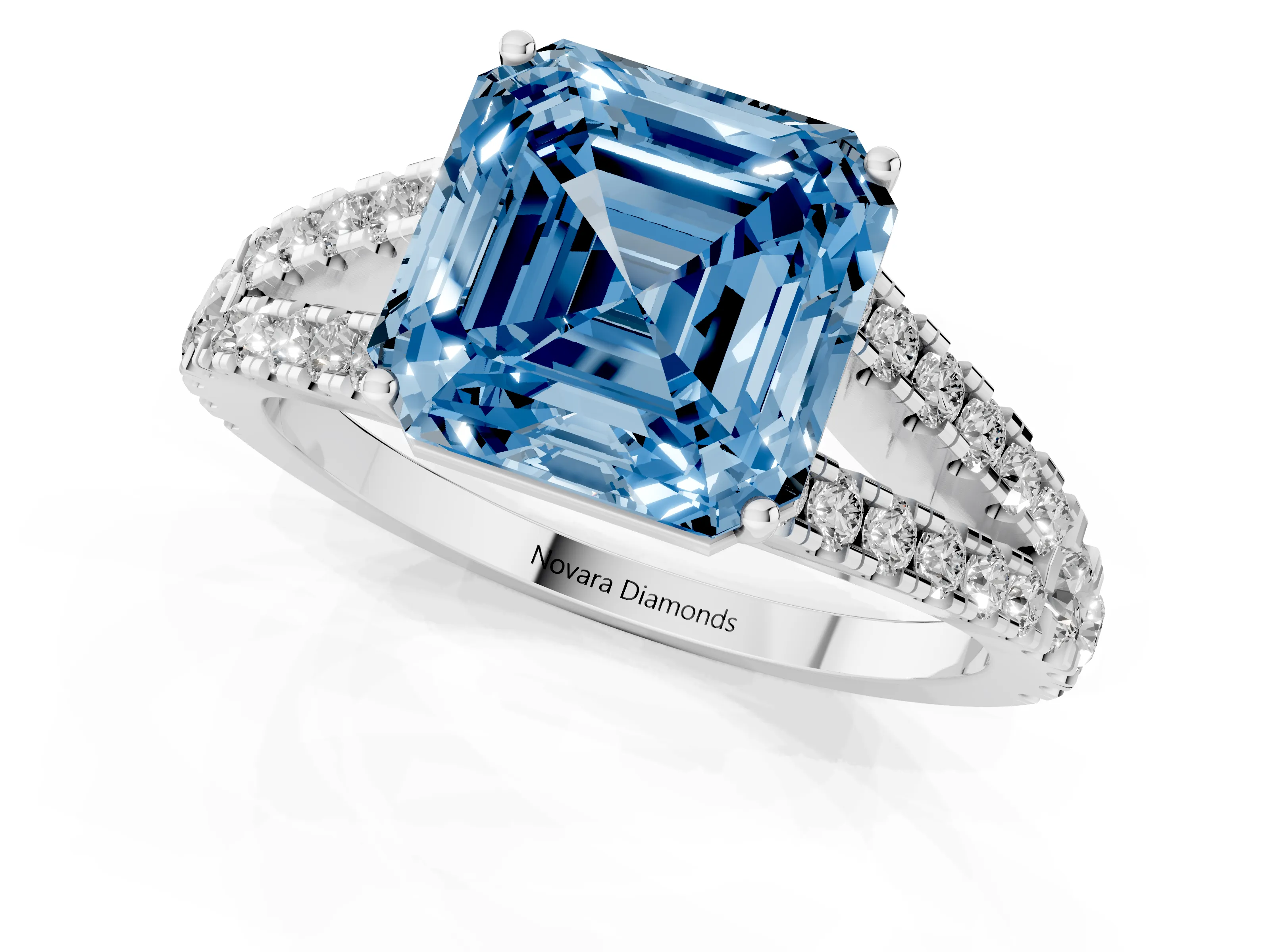 Fancy Blue Asscher Cut Diamond Split Shank Engagement Ring Set in Silver with Round Pavé and Prong Setting