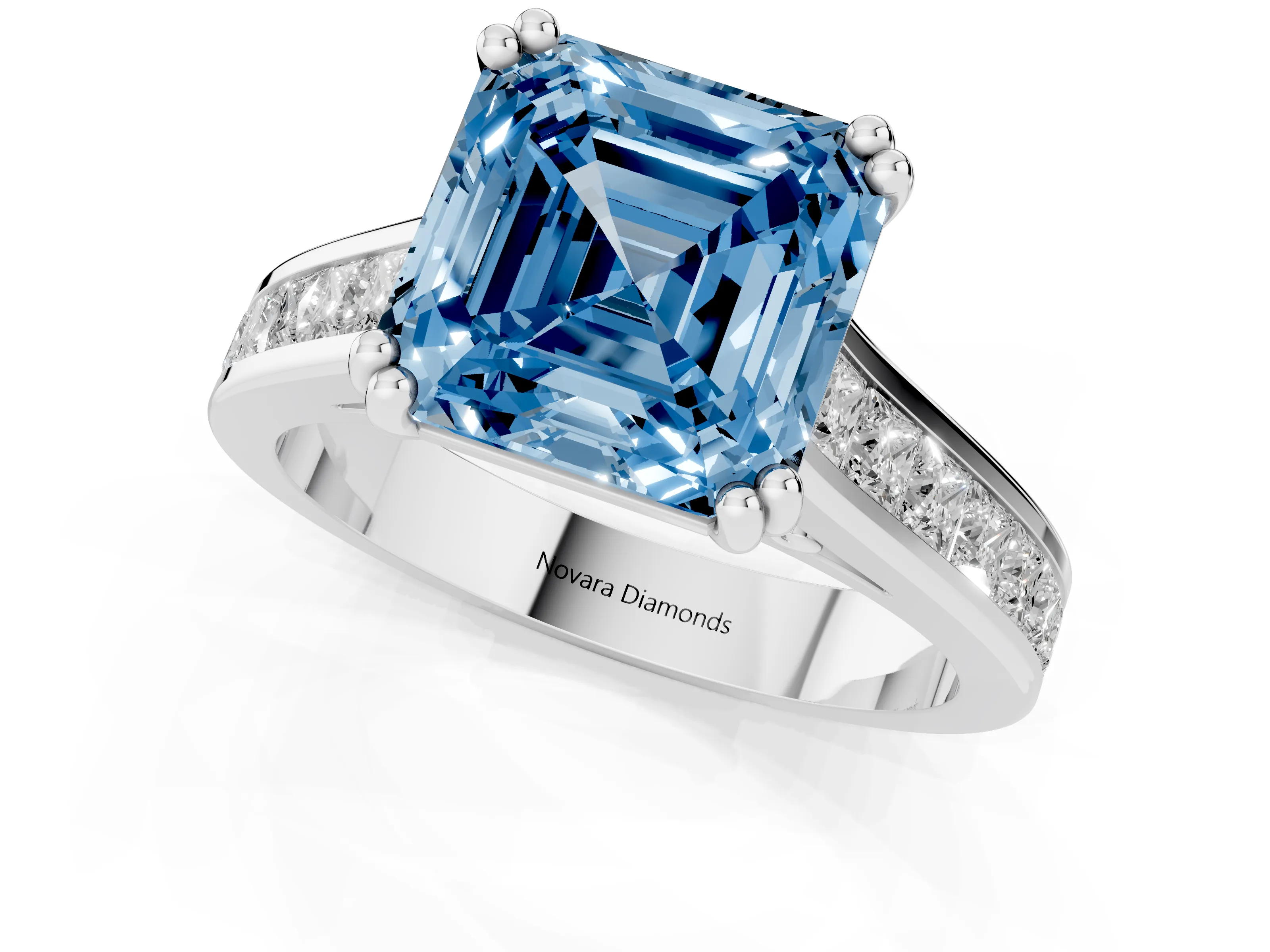 Fancy Blue Asscher Cut Diamond Channel Set Solitaire Engagement Ring Set in White gold with Prong Setting