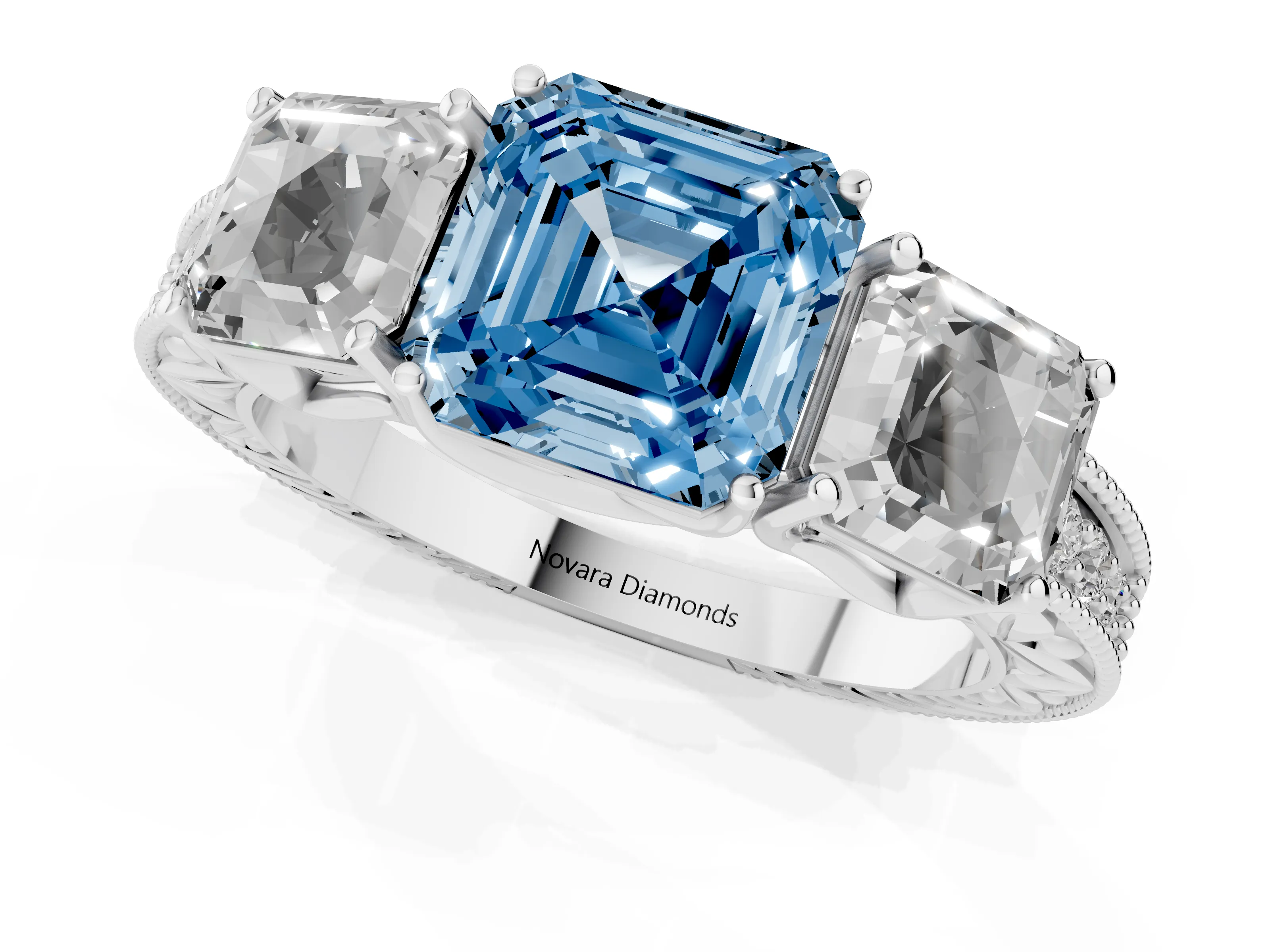 Fancy Blue Asscher Cut Diamond Three-Stone Engagement Ring Set in Silver with Milgrain Pavé Band