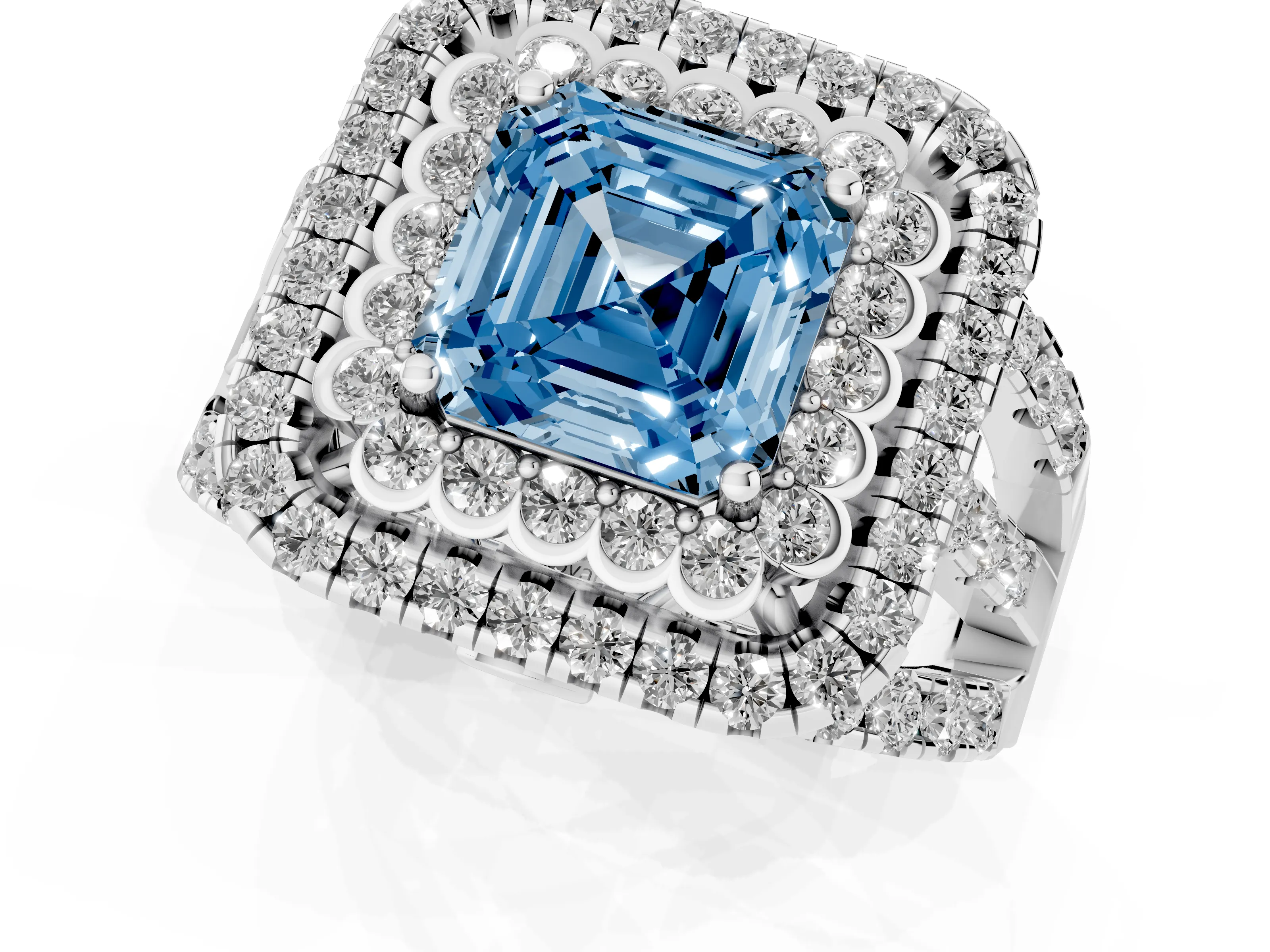 Fancy Blue Asscher Cut Diamond Double Halo Ring Set in White gold with Round Pavé Split Shank