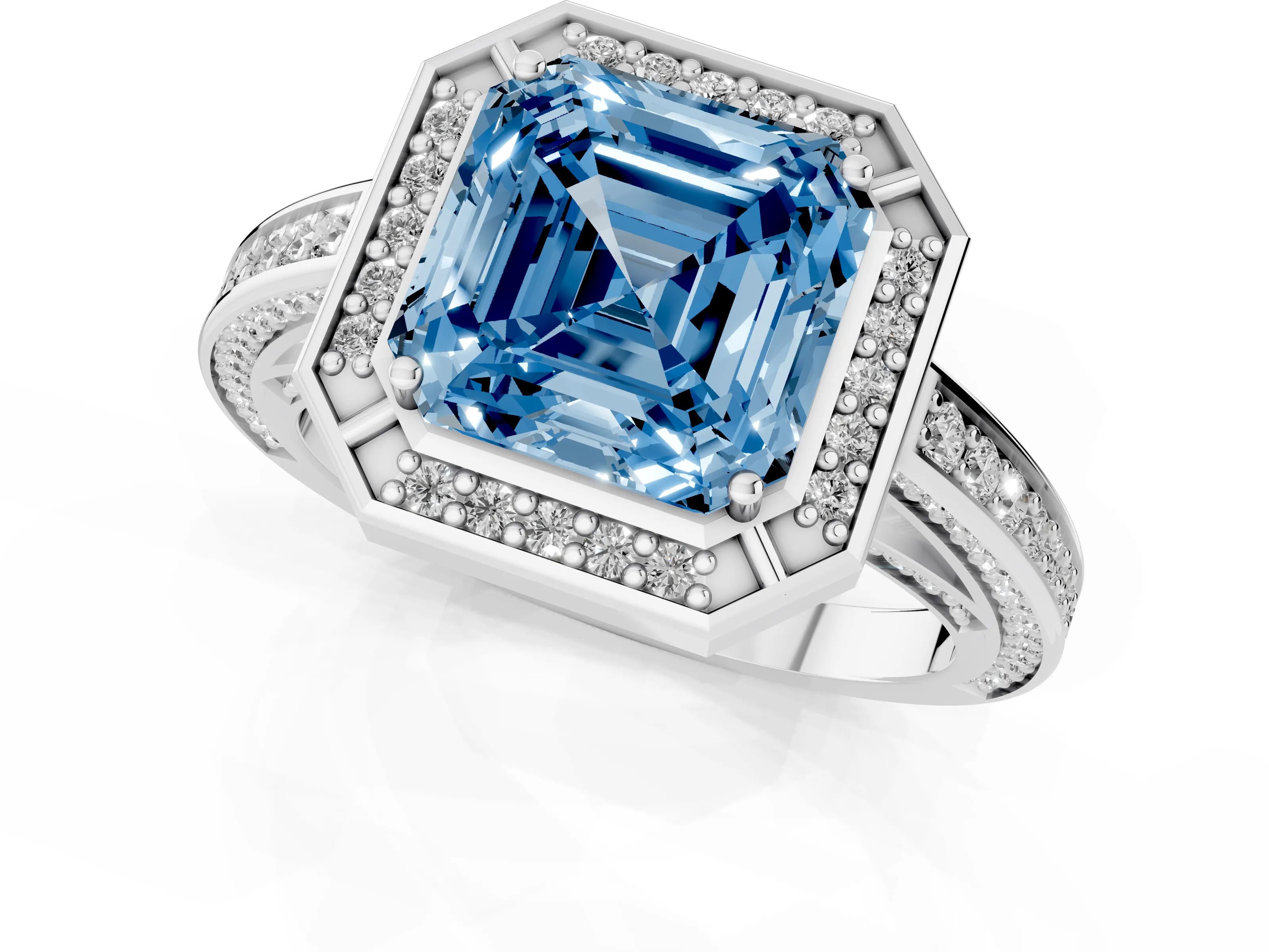 Fancy Blue Asscher Cut Diamond Halo Pavé Split Shank Ring Set in White gold with Prong Setting